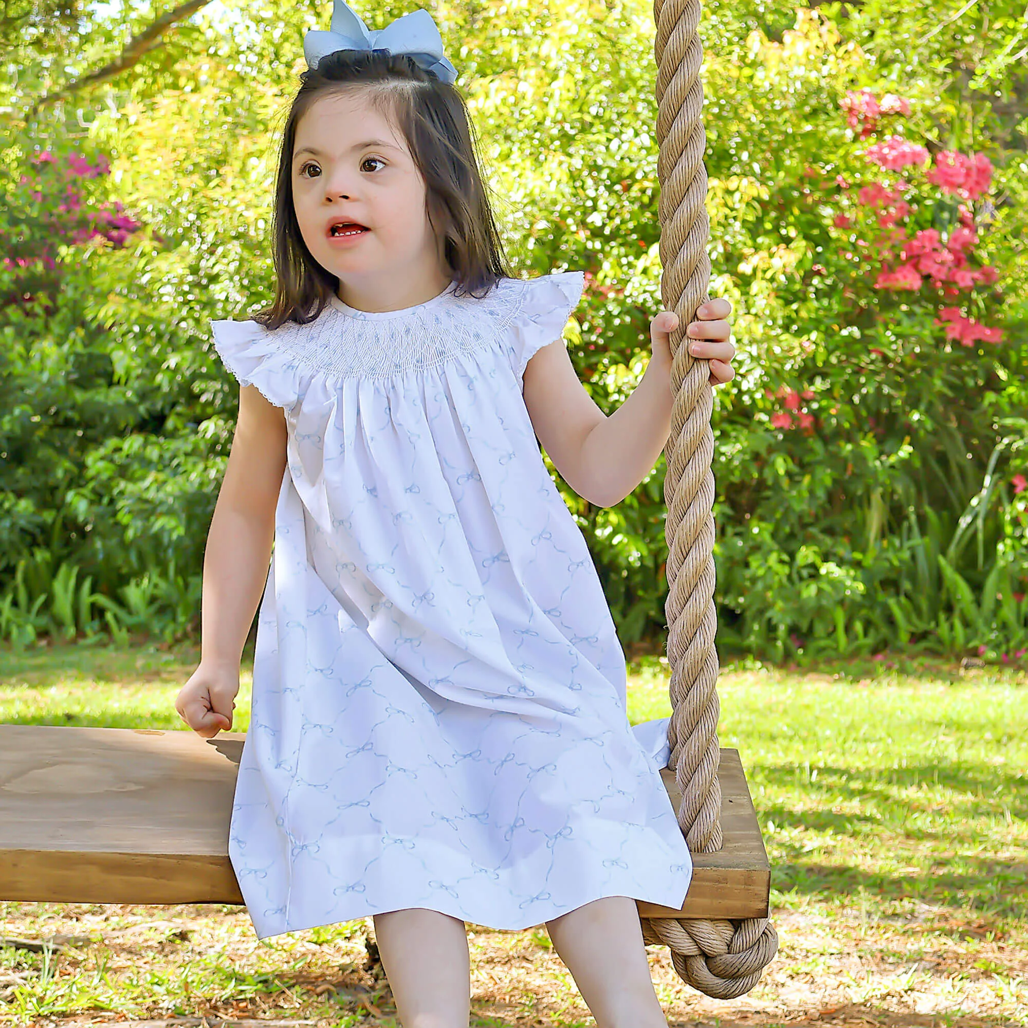 Little Blue Bow Smocked Angel Sleeve Dress - Image 2