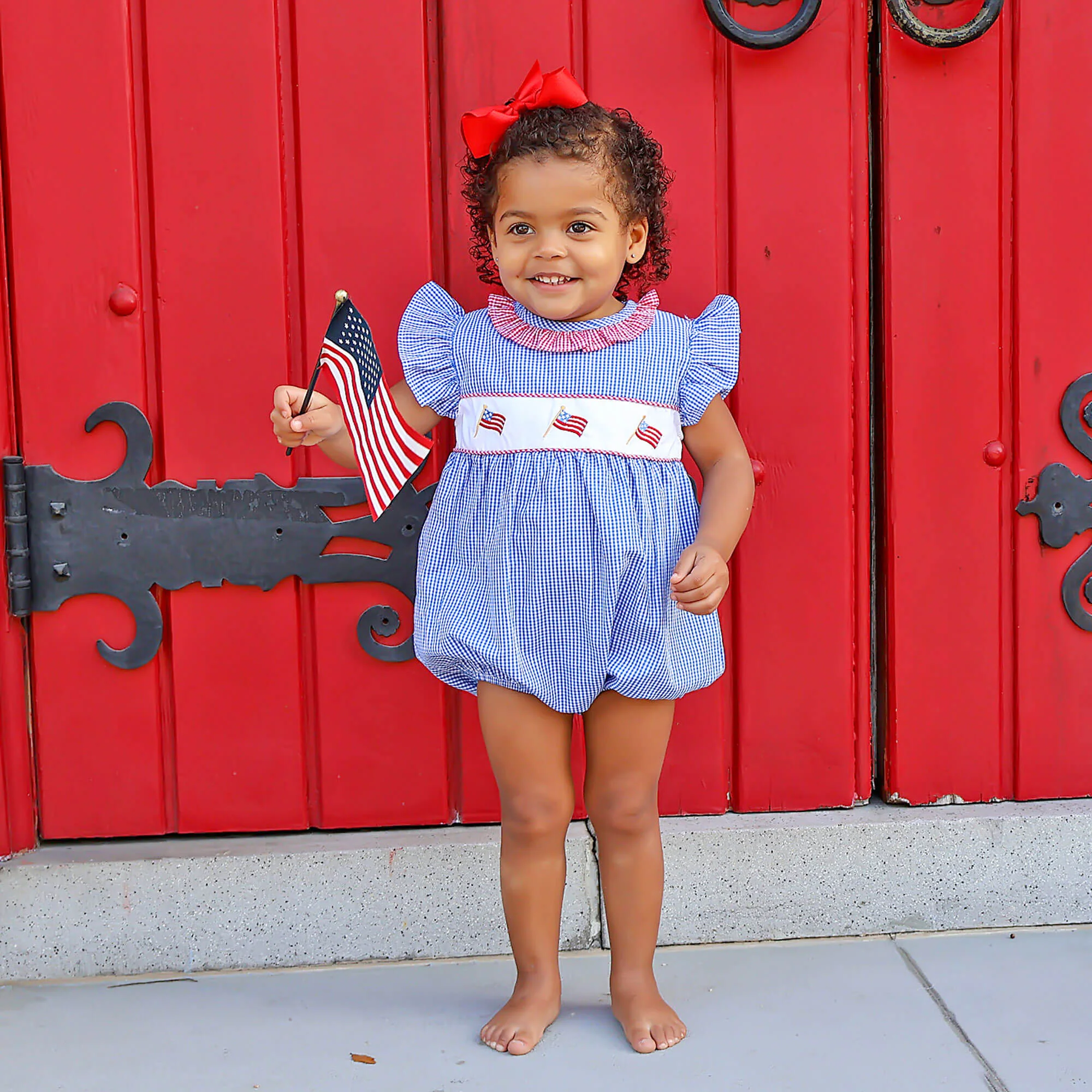 Little Patriot Blue Gingham Ruffle Collared Bubble - Image 2