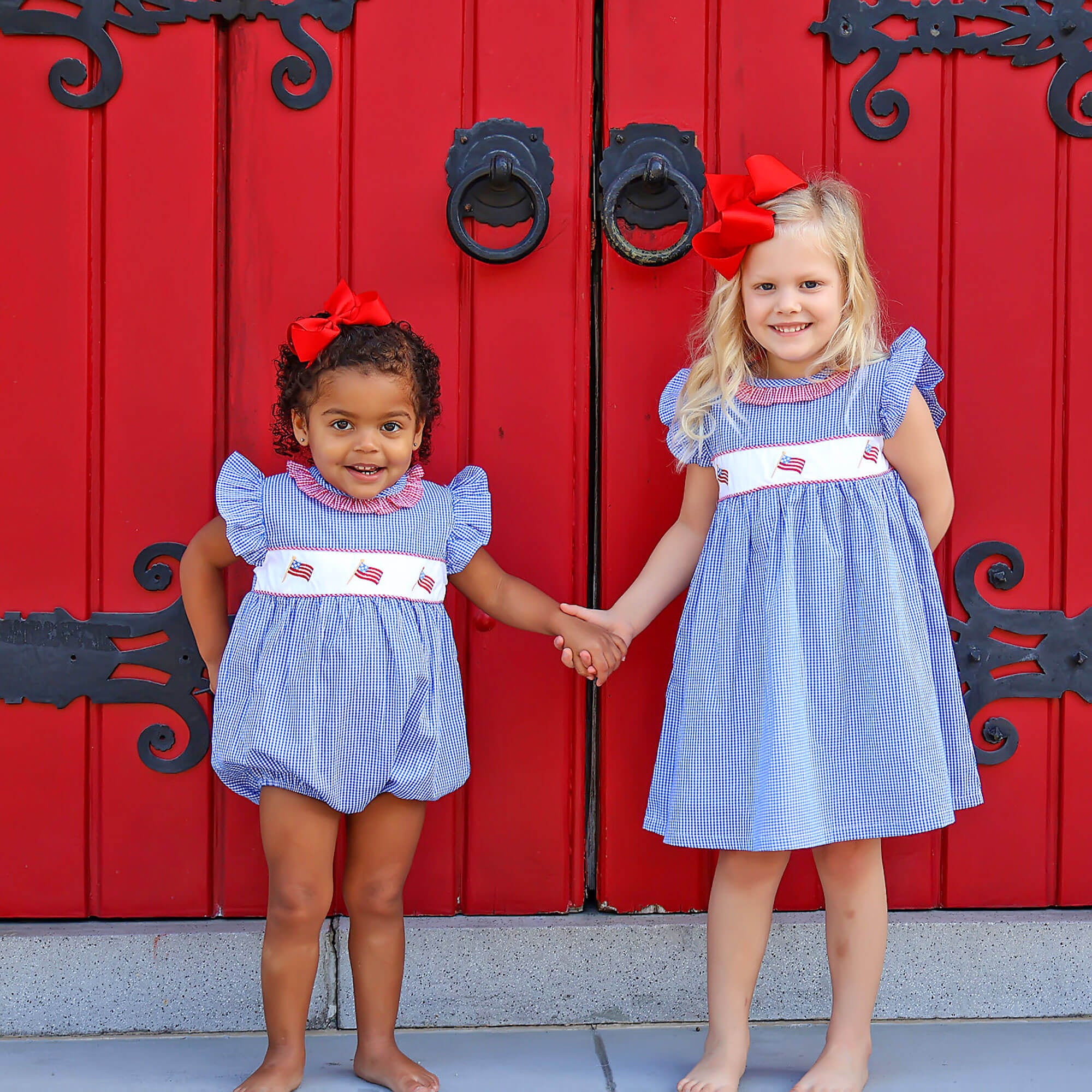 Little Patriot Blue Gingham Ruffle Collared Bubble - Image 3