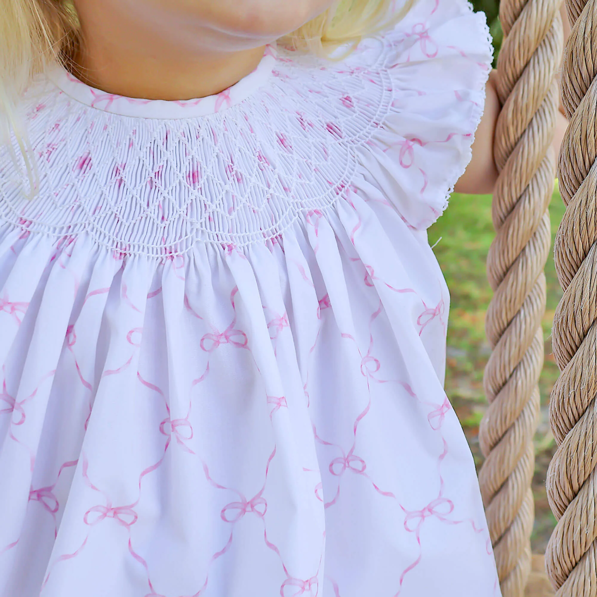 Little Pink Bow Smocked Angel Sleeve Dress - Image 2