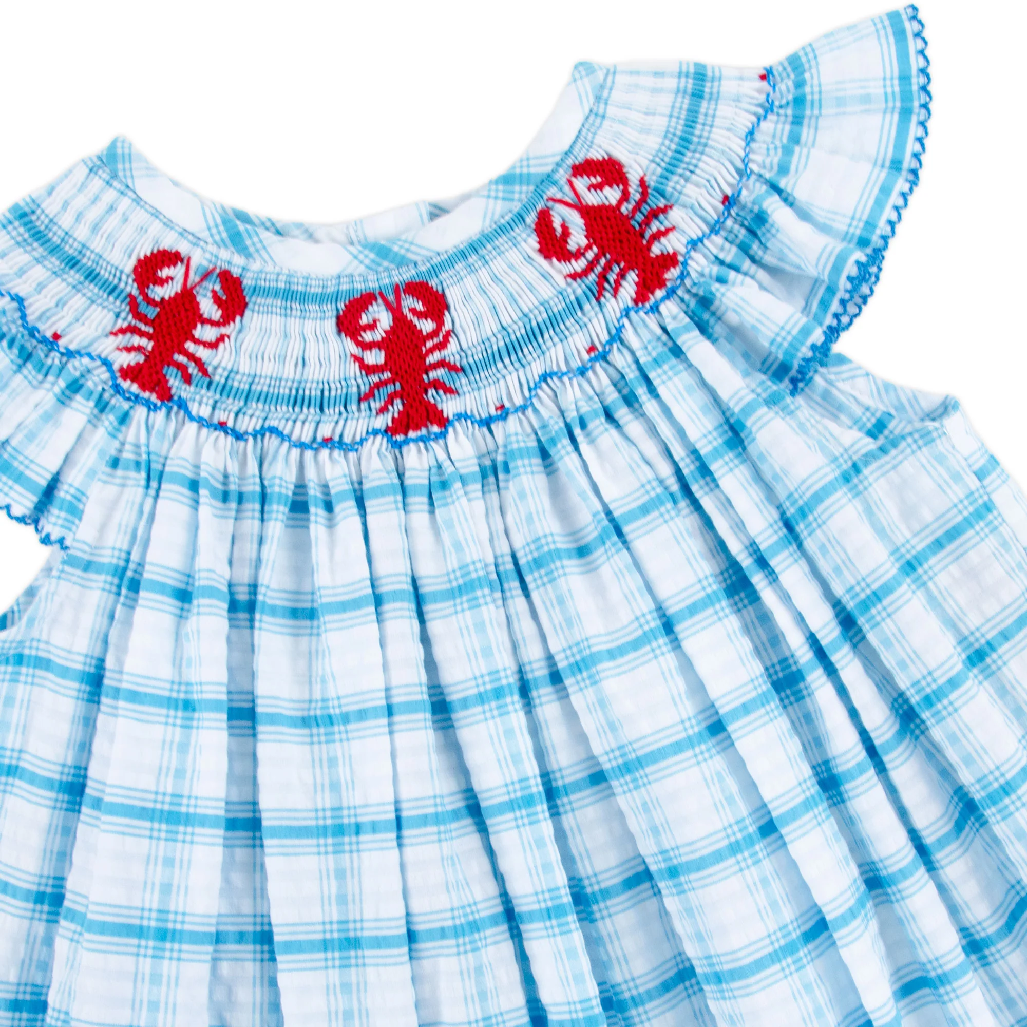 Lobster Smocked Turquoise Plaid Angel Sleeve Dress - Image 2