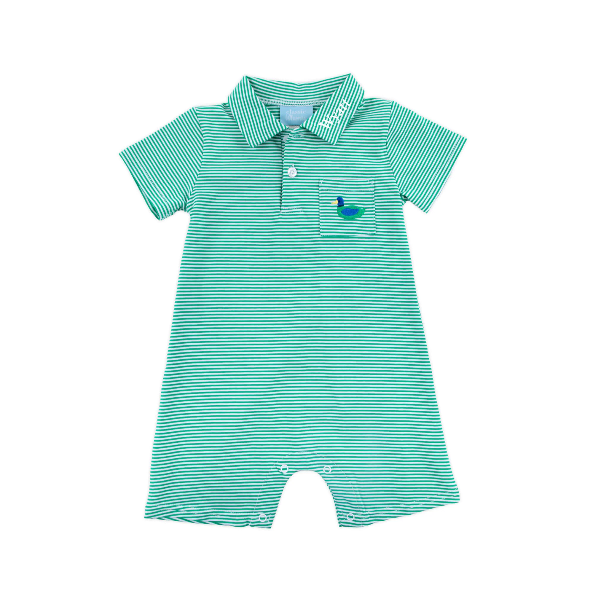 Mallard Green Stripe Pocket Polo Romper - Image 3