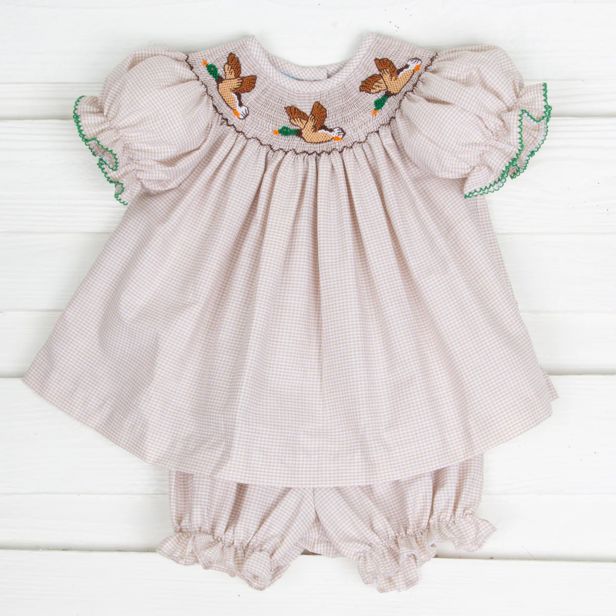 Mallard Smocked Bloomer Set Tan Gingham - Image 2