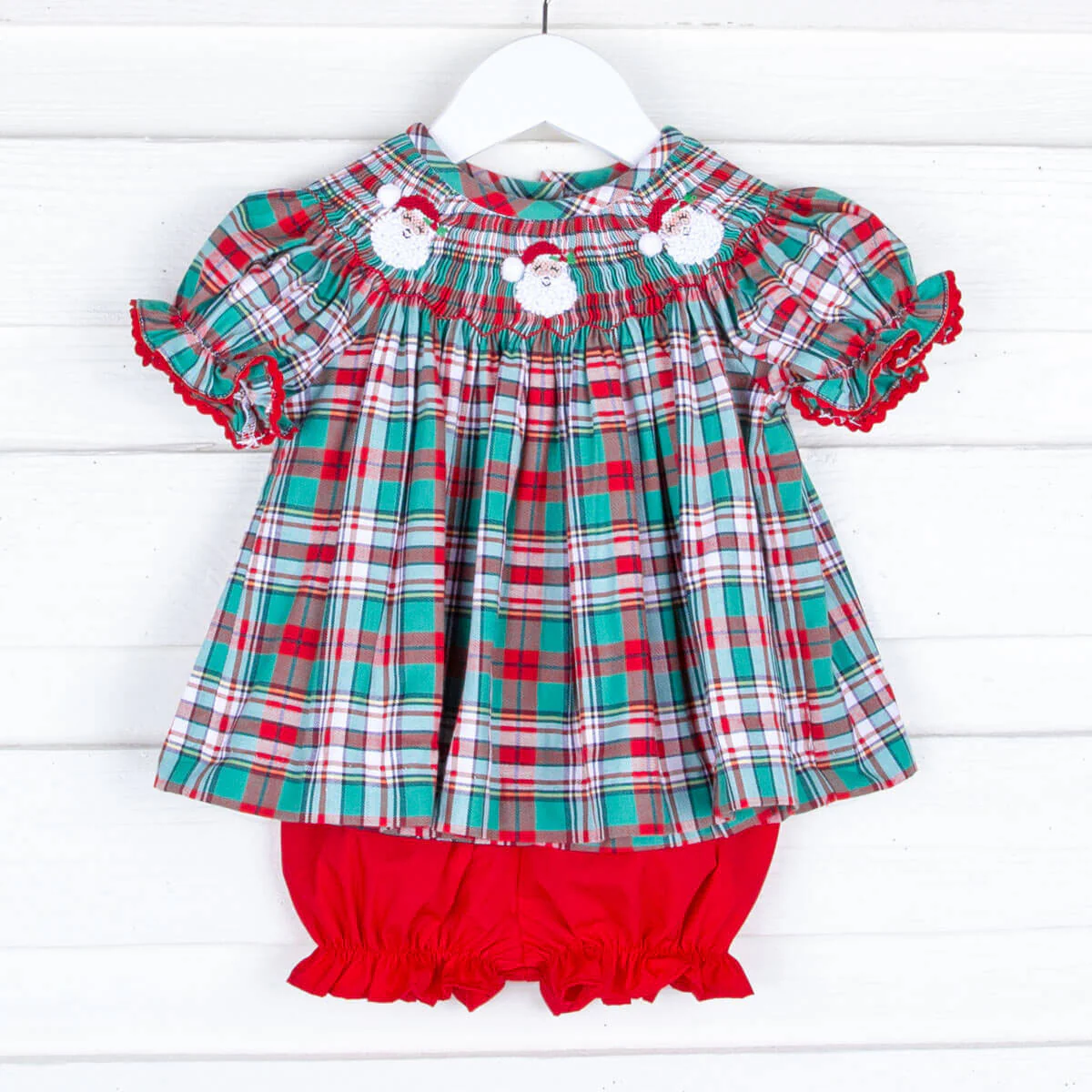 Merry & Bright Plaid Smocked Santa Bloomer Set - Image 2
