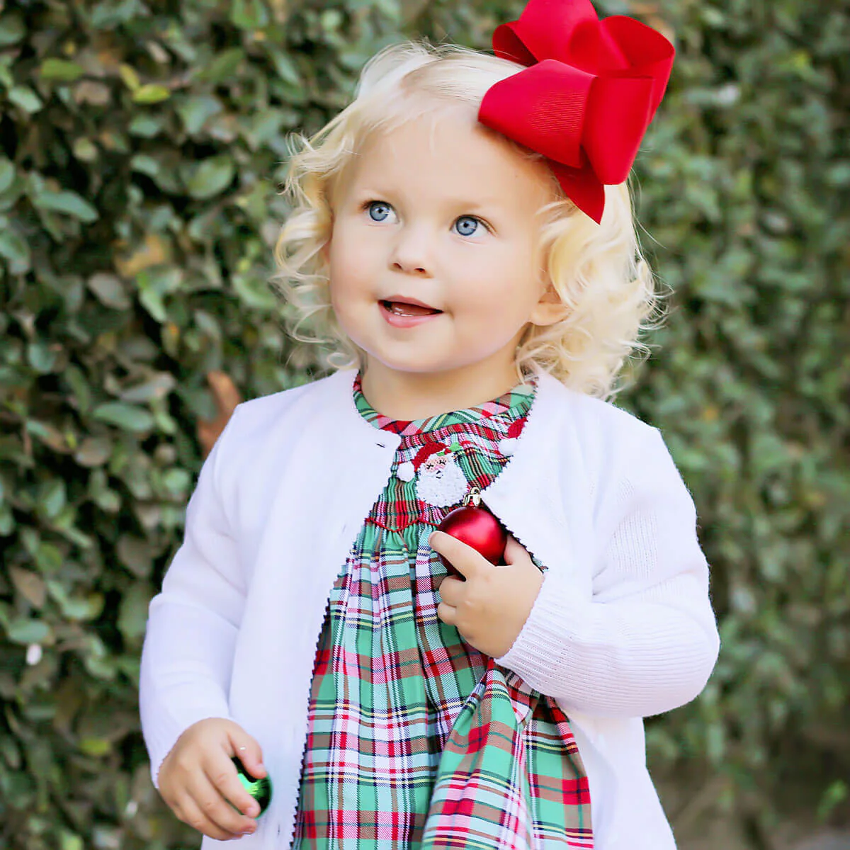 Merry & Bright Plaid Smocked Santa Bloomer Set - Image 3