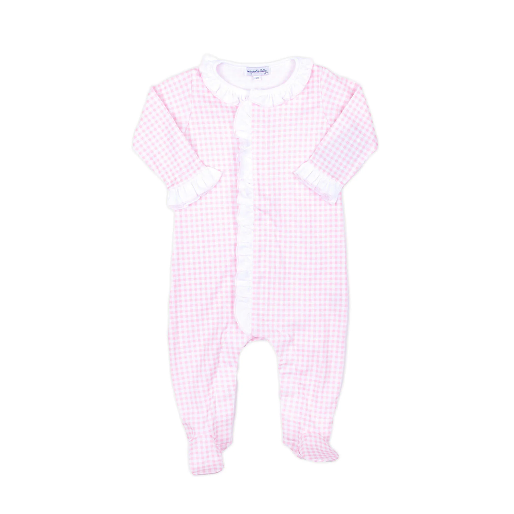 Mini Checks Knit Pink Ruffle Footie - Image 2