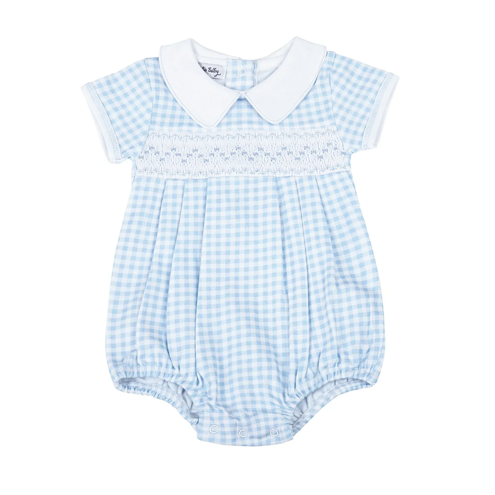 Mini Checks Knit Smocked Collared Blue Bubble - Image 2