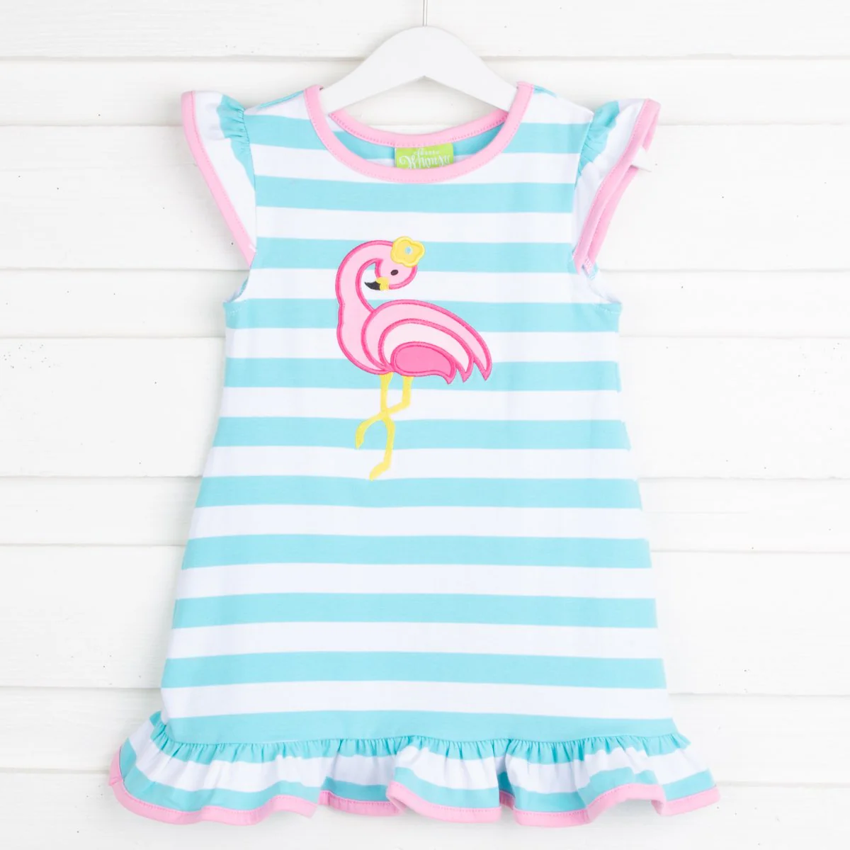 Mint Stripe Flamingo Ruffle Dress - Image 2