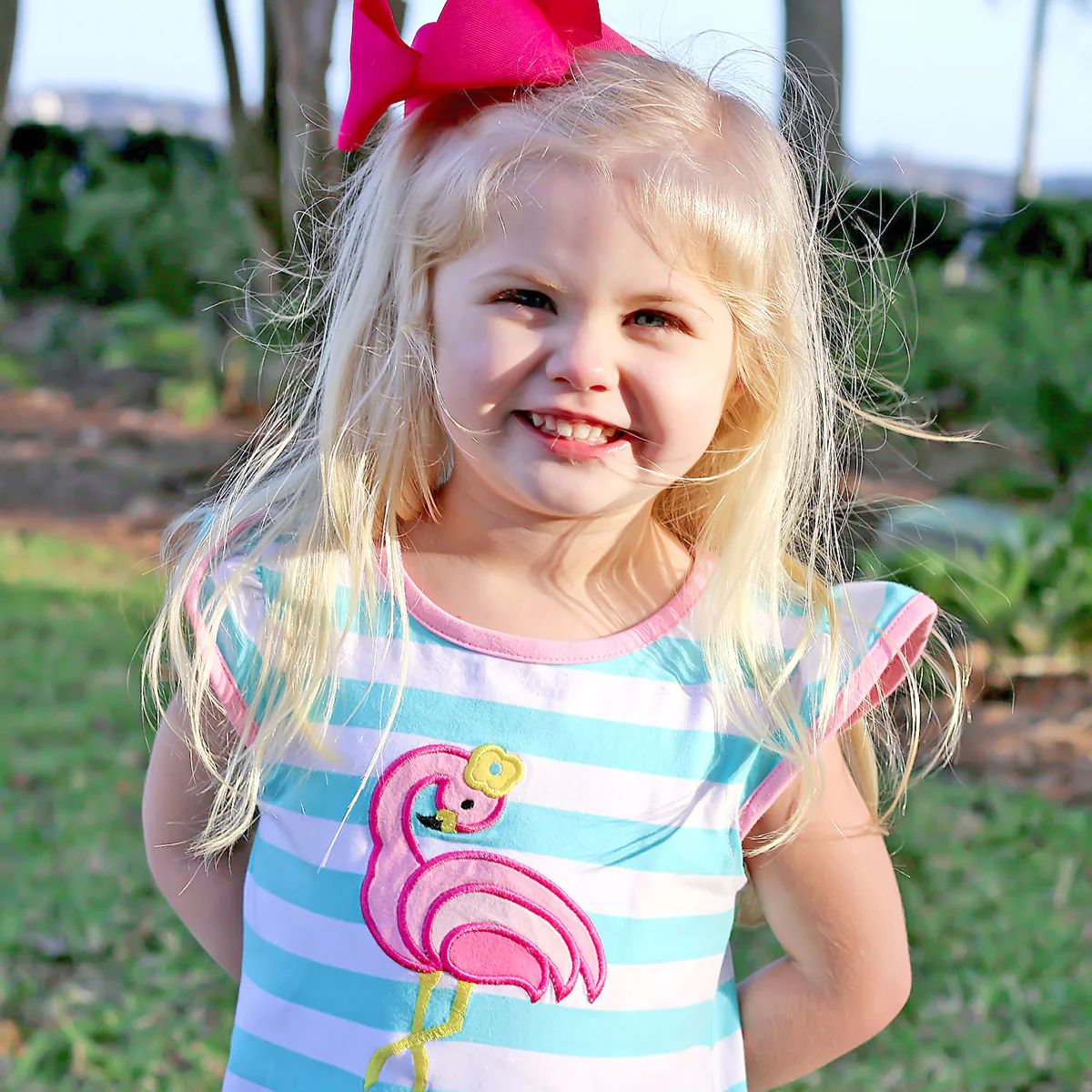 Mint Stripe Flamingo Ruffle Dress - Image 3