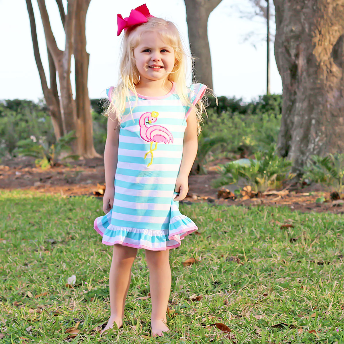 Mint Stripe Flamingo Ruffle Dress - Image 4