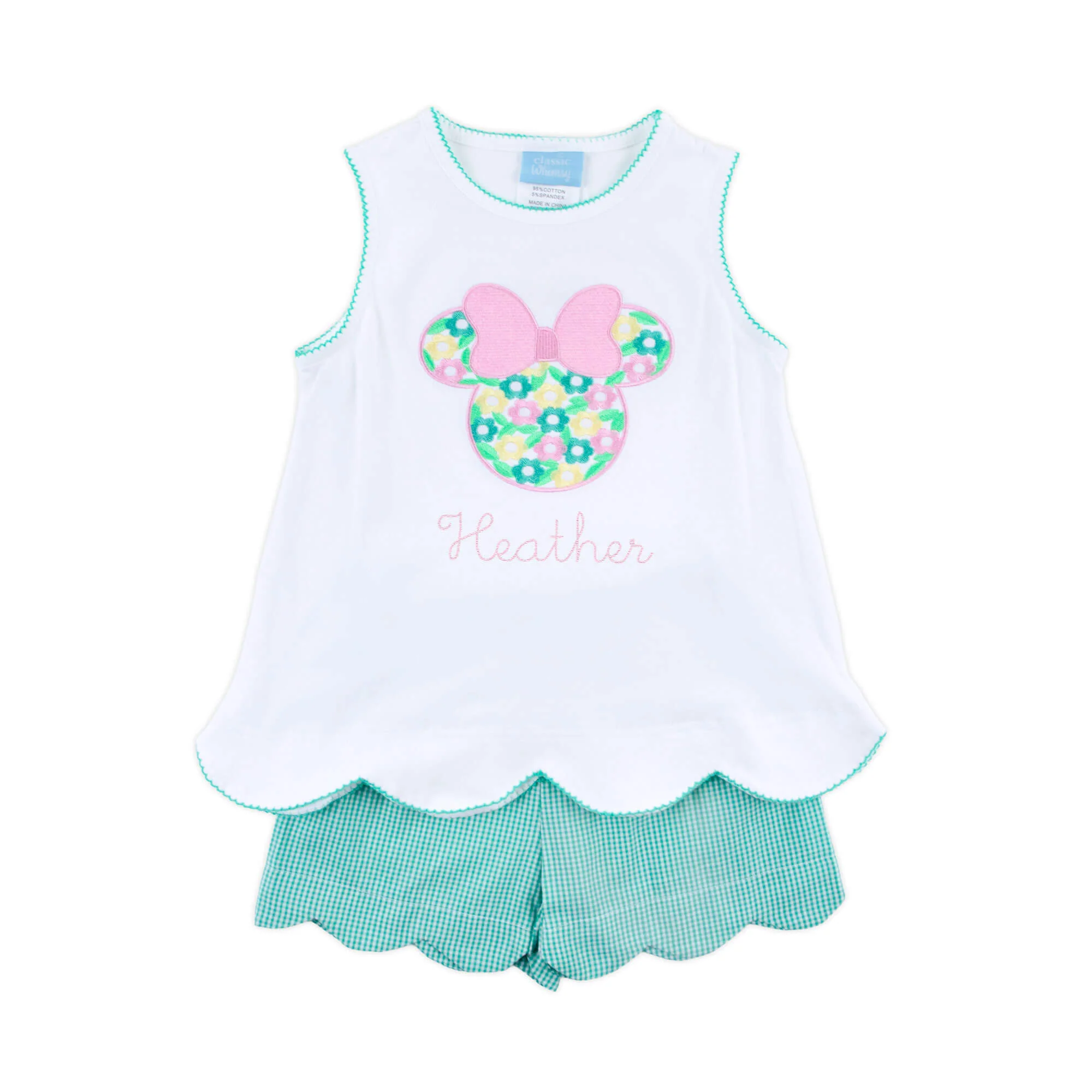 Mouse Ears Floral Embroidered Turquoise Gingham Cleo Short Set - Image 2