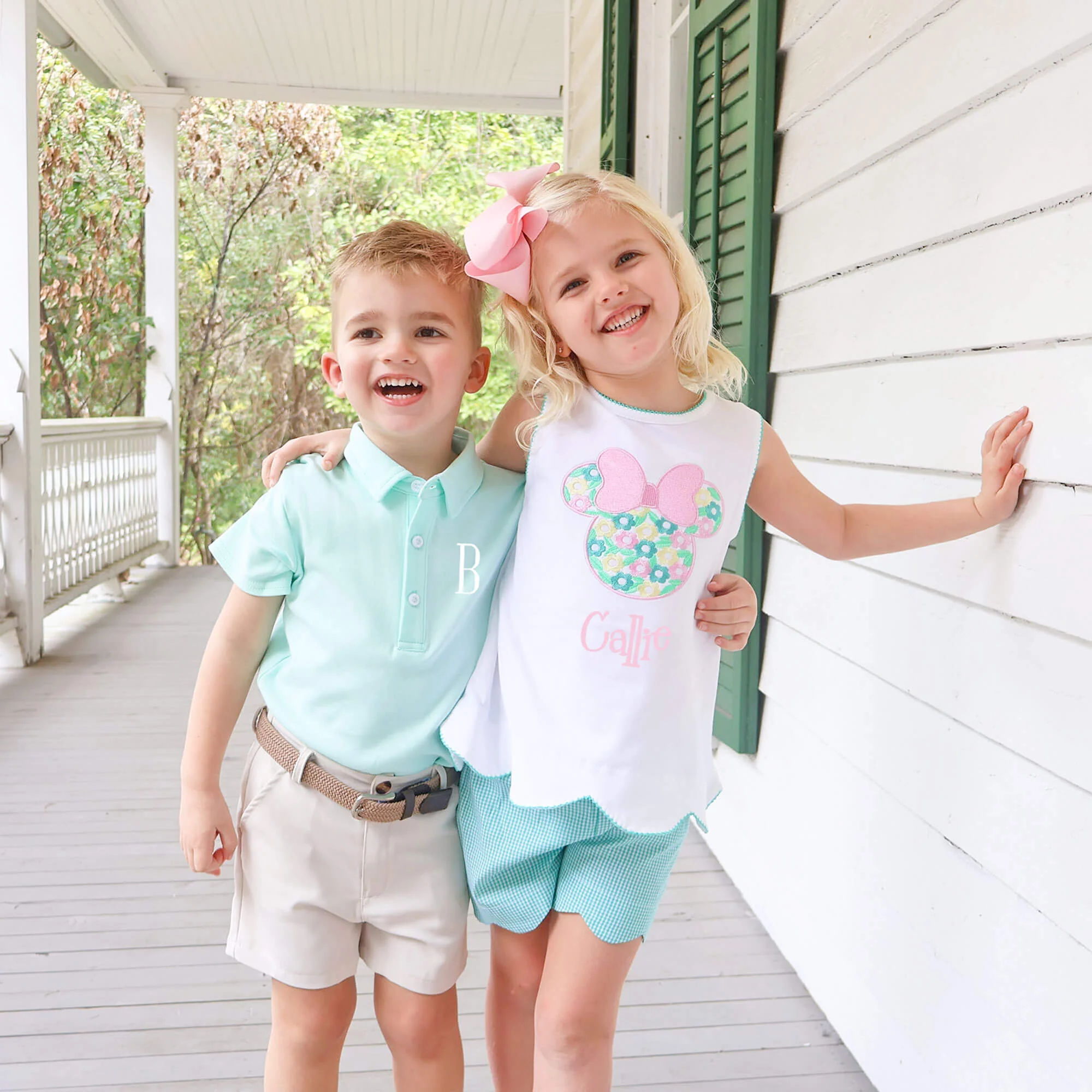 Mouse Ears Floral Embroidered Turquoise Gingham Cleo Short Set - Image 4
