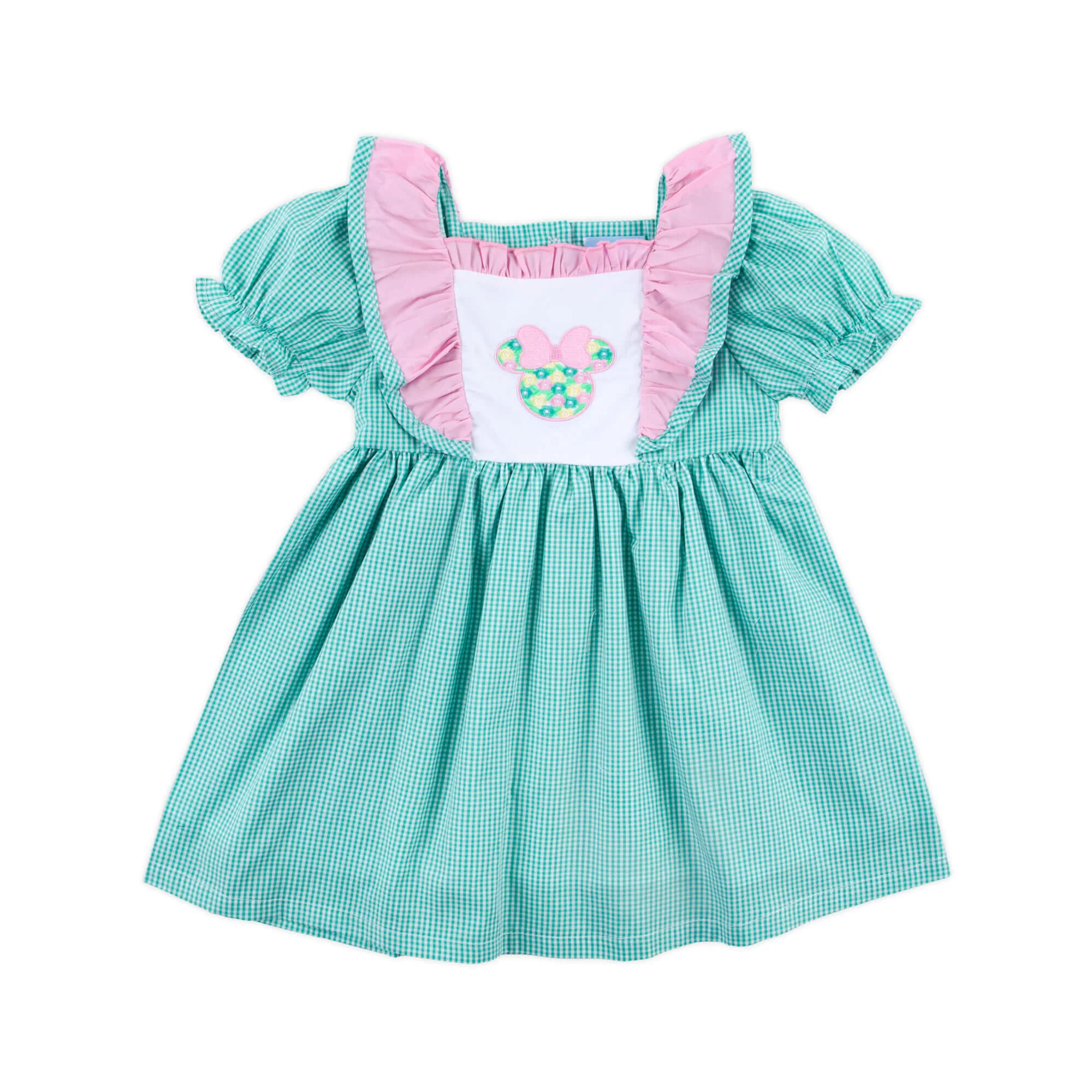 Mouse Ears Floral Embroidered Turquoise Gingham Waterfall Dress - Image 2