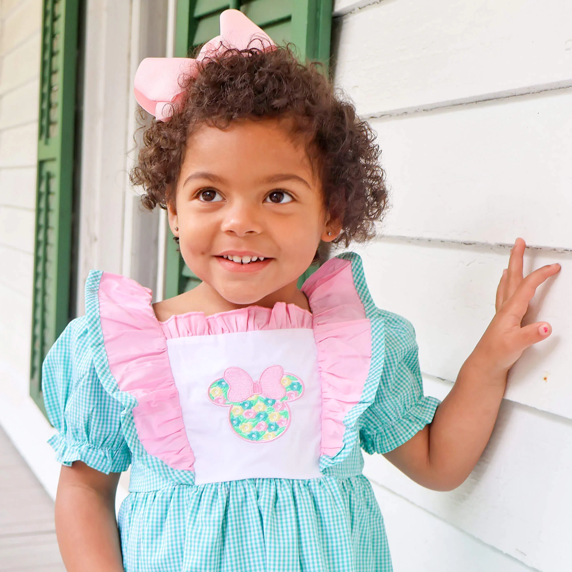 Mouse Ears Floral Embroidered Turquoise Gingham Waterfall Dress - Image 3