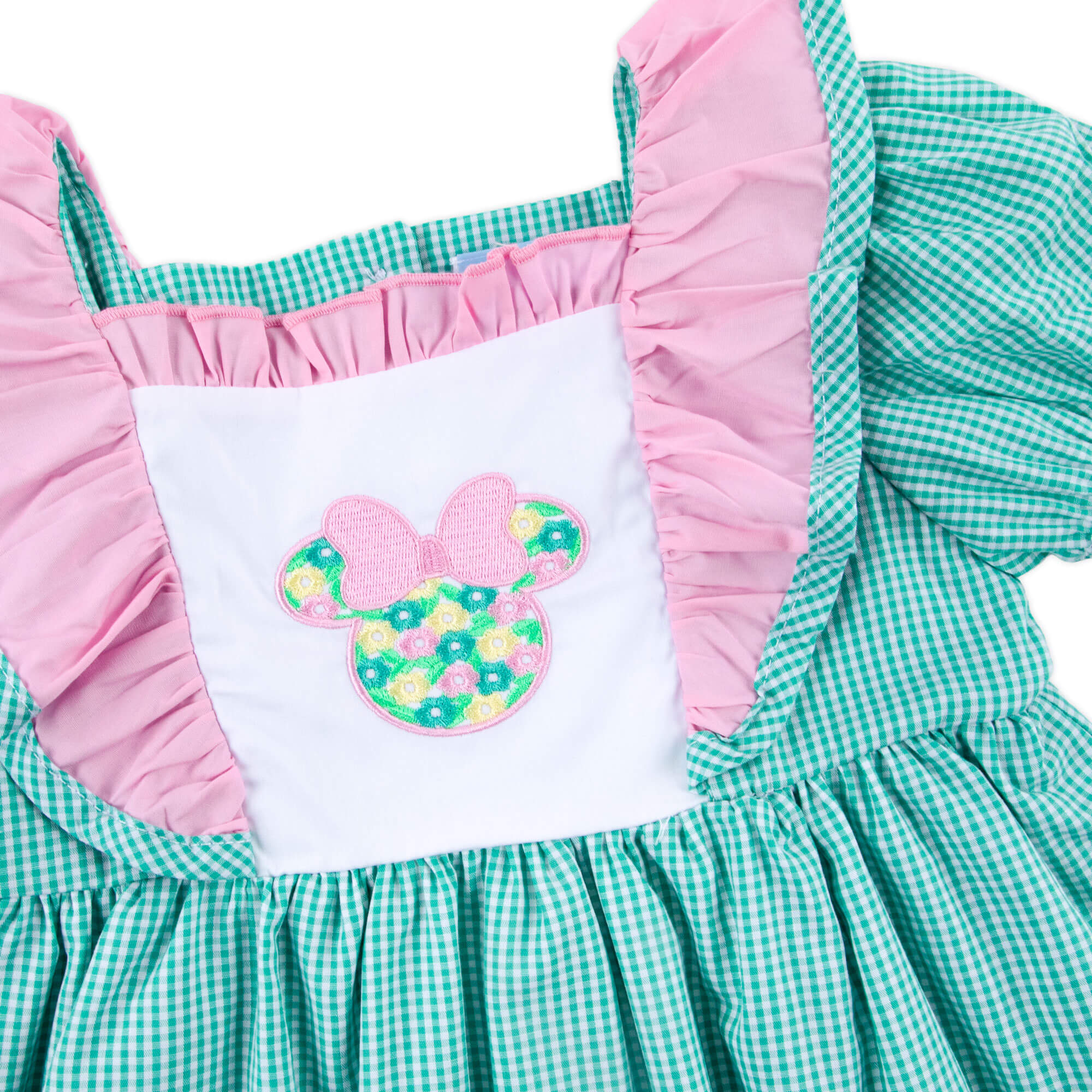 Mouse Ears Floral Embroidered Turquoise Gingham Waterfall Dress - Image 4