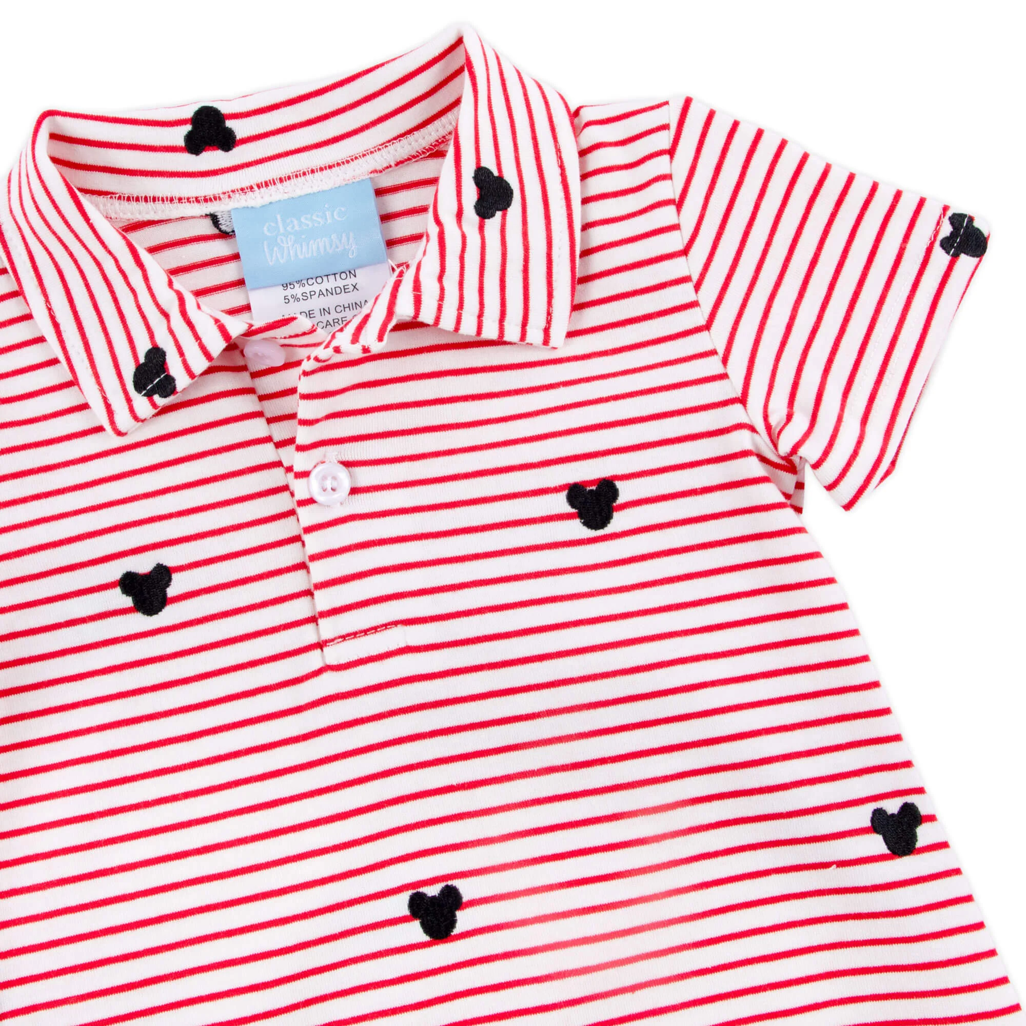 Mouse Ears Schiffli Red Stripe Polo Romper - Image 2
