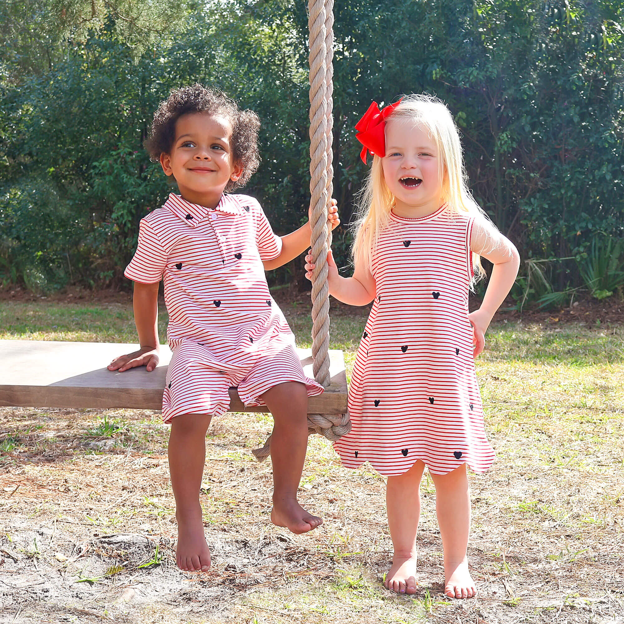 Mouse Ears Schiffli Red Stripe Polo Romper - Image 3