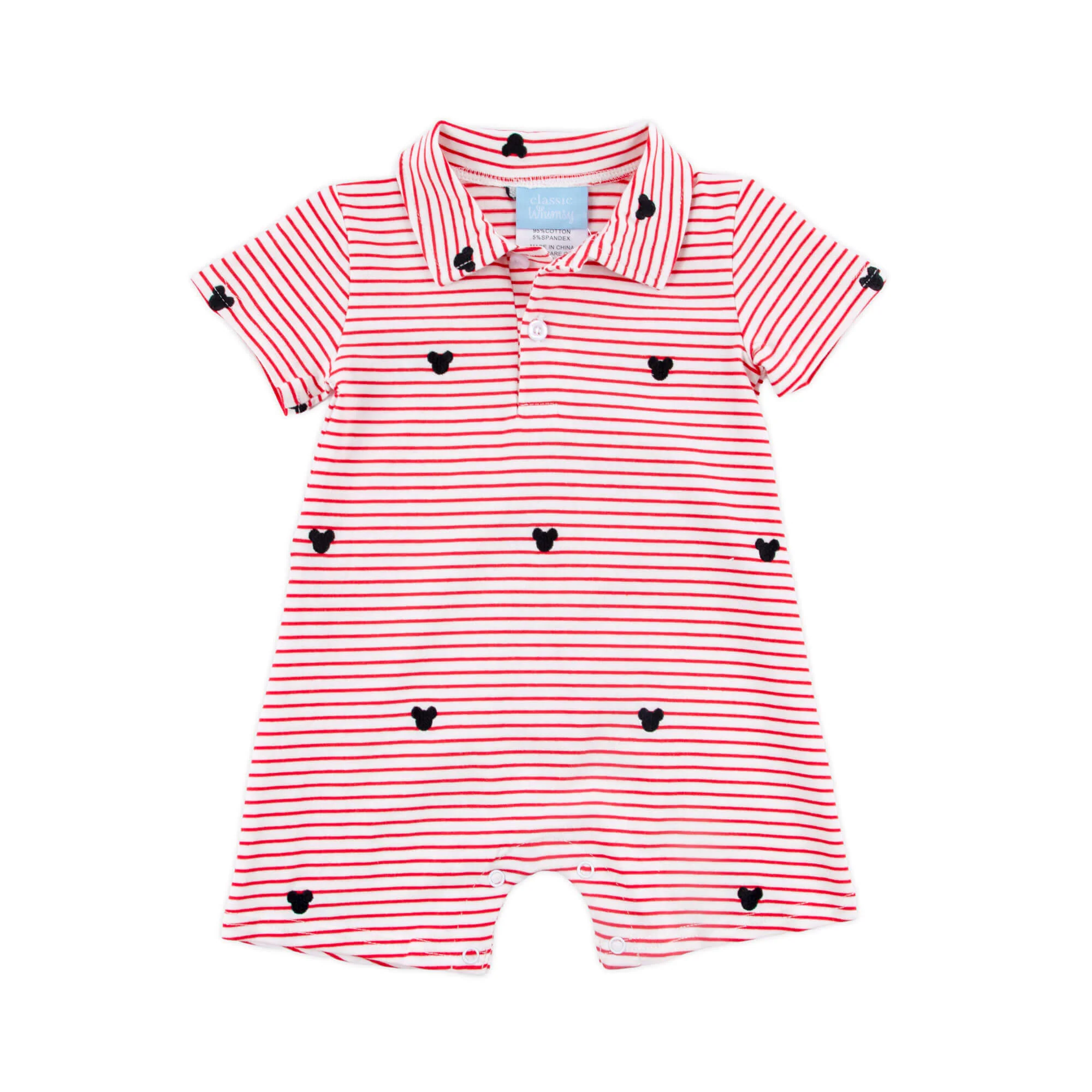 Mouse Ears Schiffli Red Stripe Polo Romper - Image 4