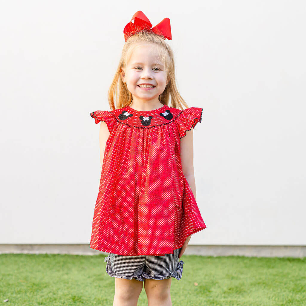 Mouse Ears Smocked Red Dotted Short Set - Image 2