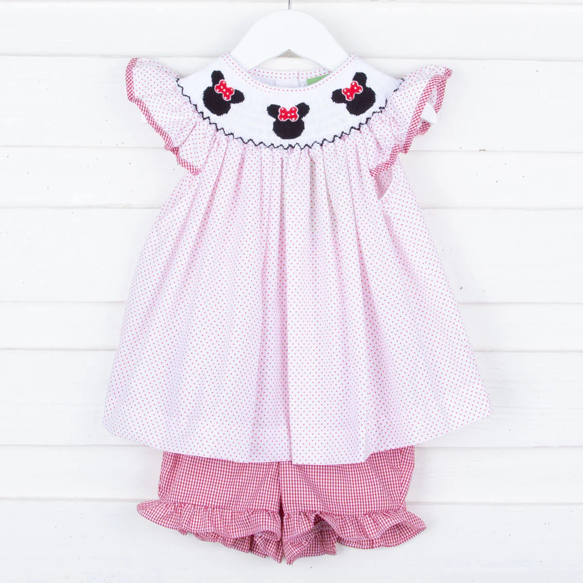 Mouse Ears Smocked Angel Sleeve Short Set Red Dot - Image 2