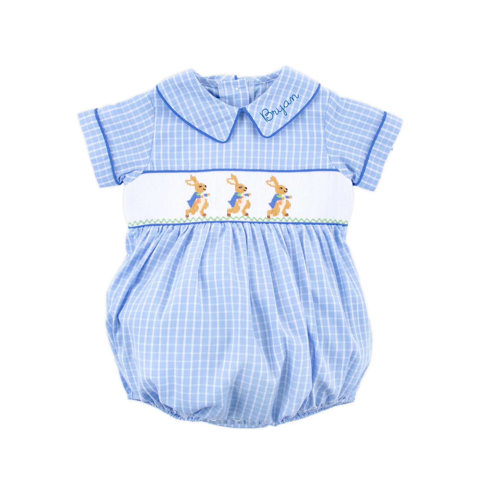 Storybook Smocked Blue Windowpane Boy Bubble - Image 2