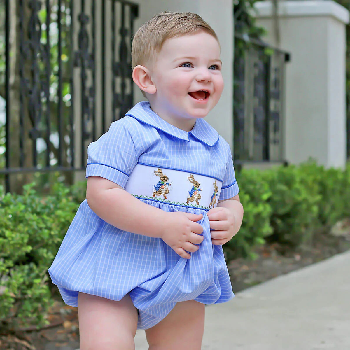 Storybook Smocked Blue Windowpane Boy Bubble - Image 3