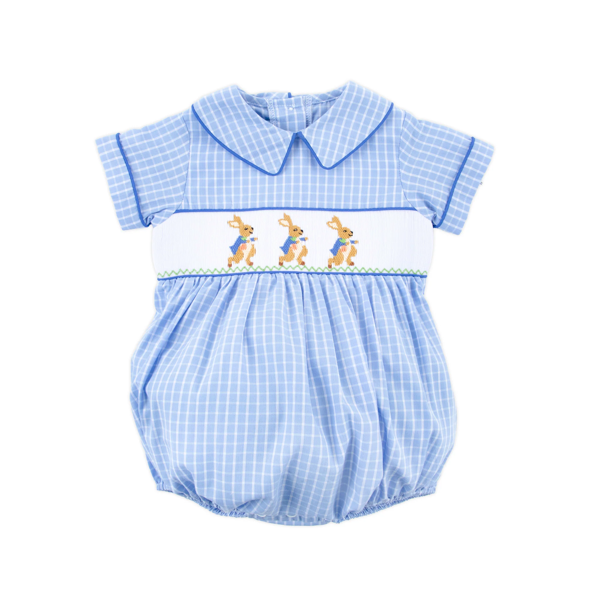 Storybook Smocked Blue Windowpane Boy Bubble - Image 4