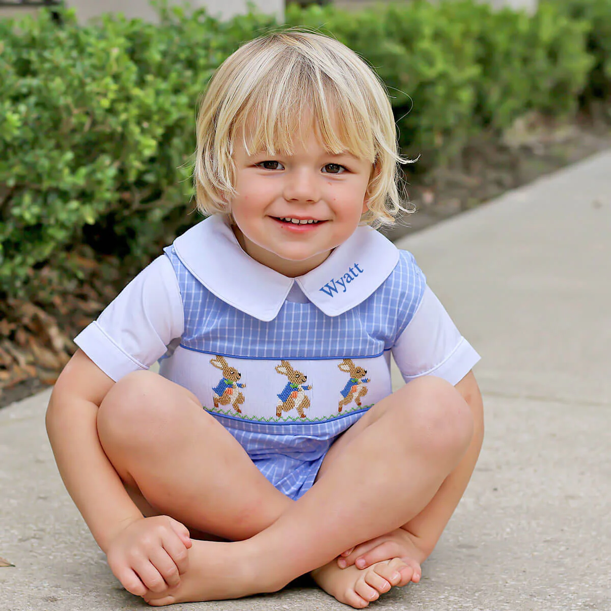 Storybook Smocked Blue Windowpane Jon Jon - Image 3