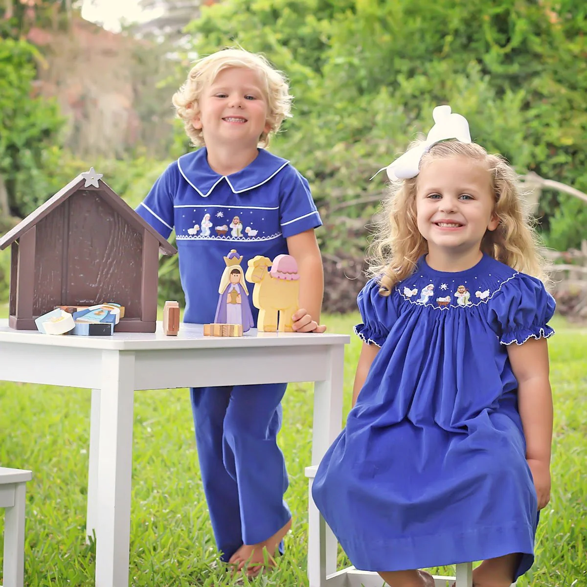 Nativity Smocked Royal Blue Corduroy Dress - Image 4