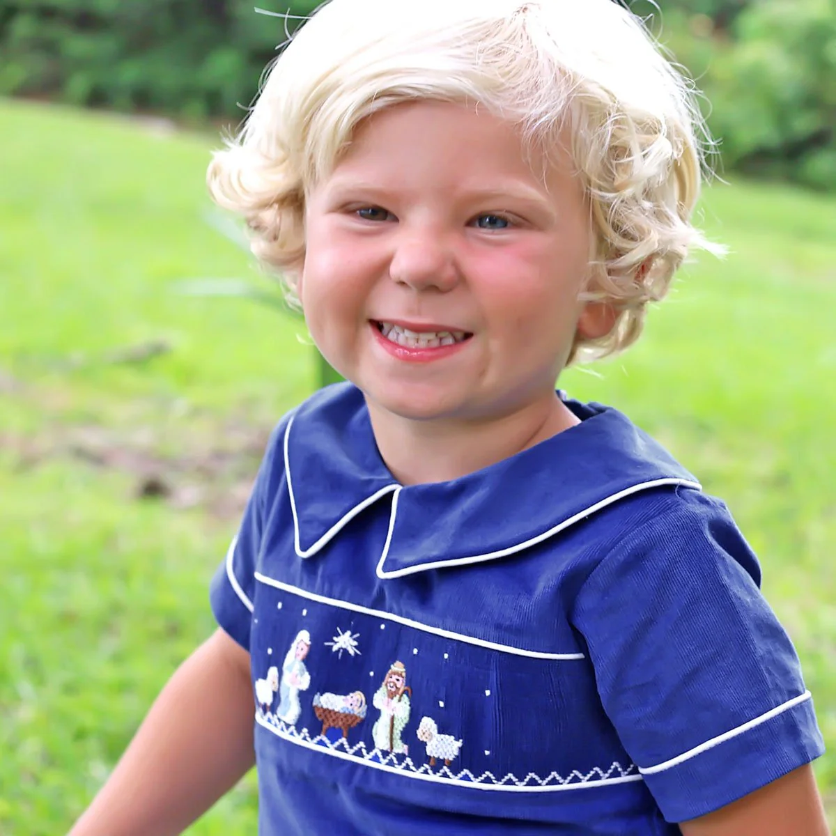 Nativity Smocked Collared Pant Set Royal Blue Corduroy - Image 2