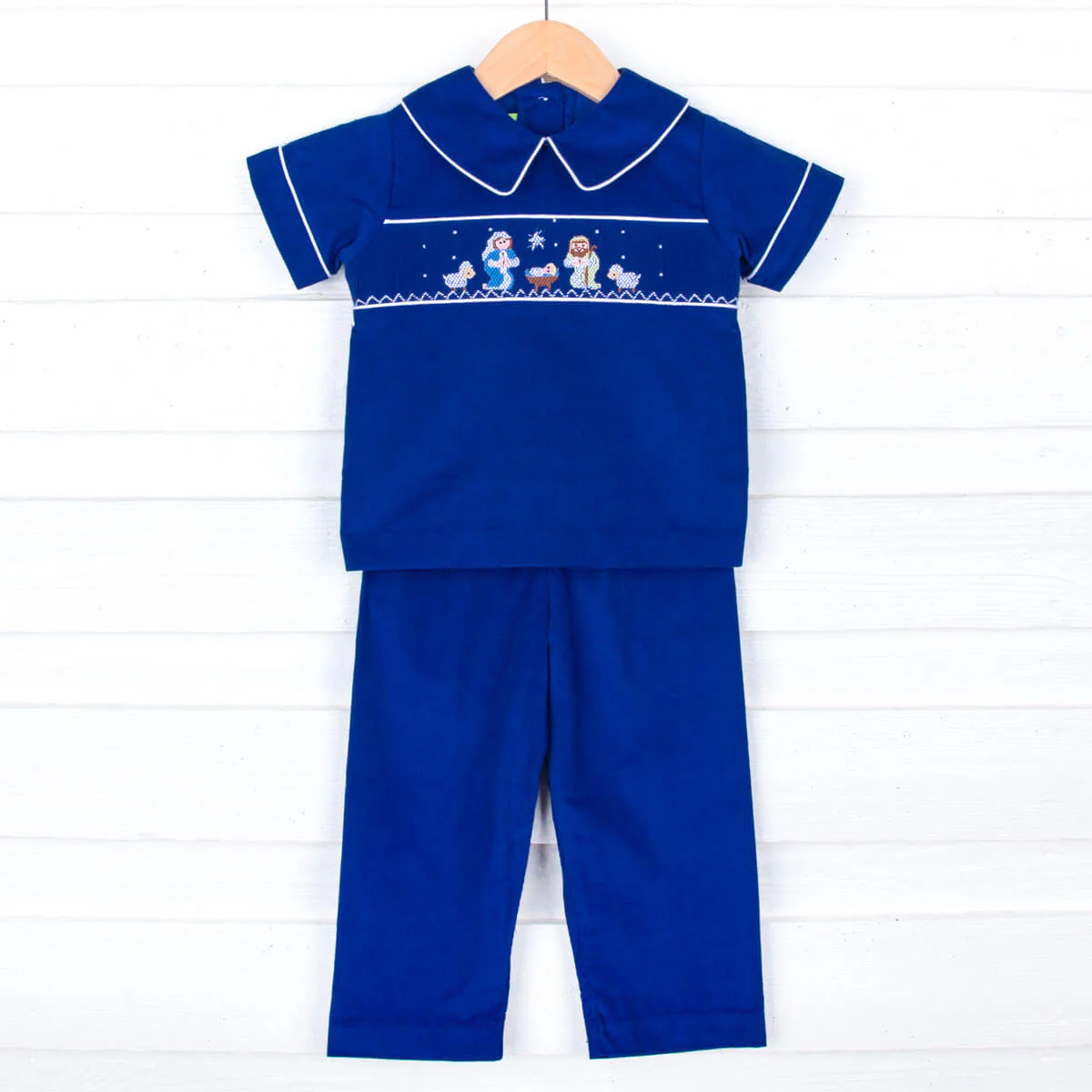 Nativity Smocked Collared Pant Set Royal Blue Corduroy - Image 3