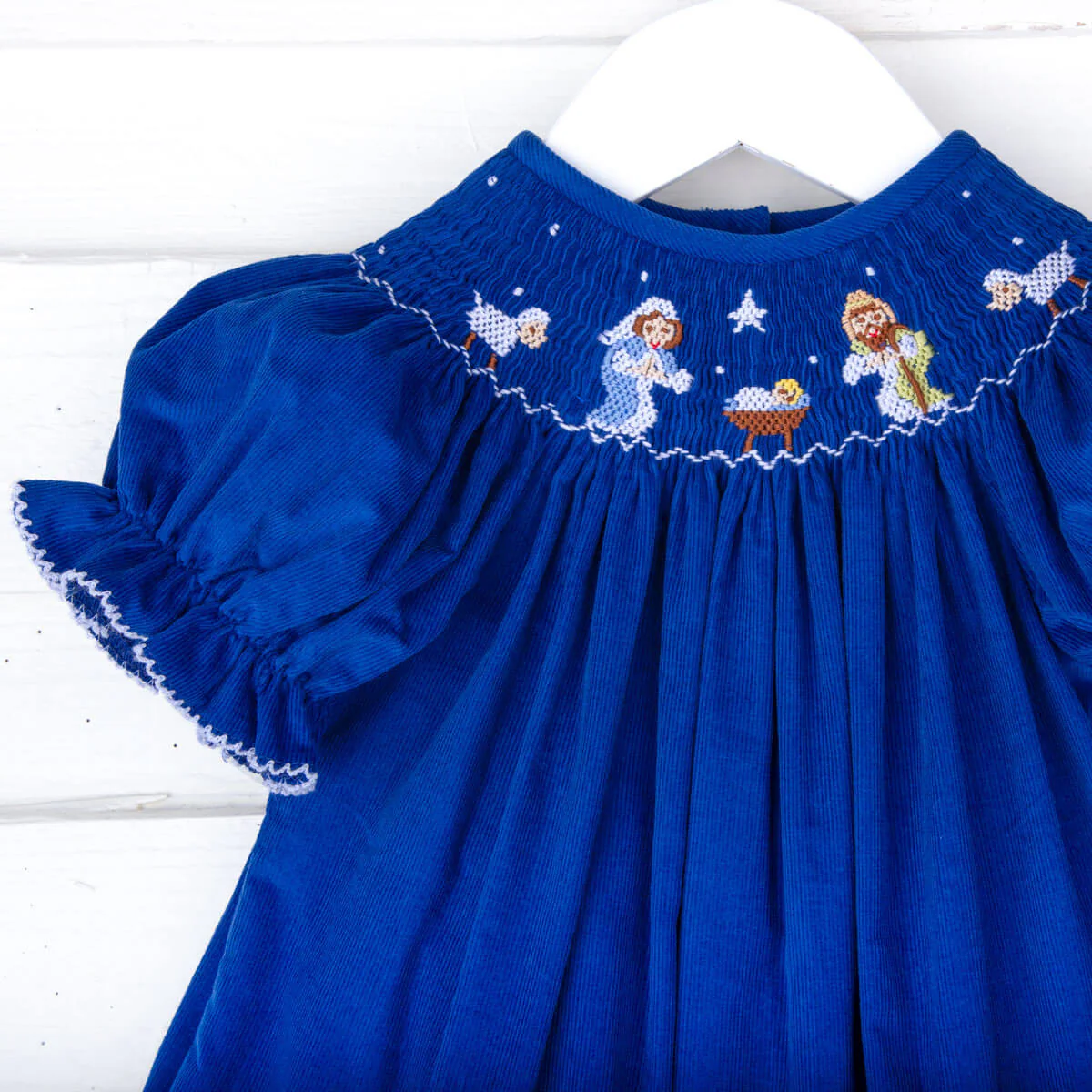 Nativity Smocked Royal Blue Corduroy Bishop Dress - Image 2