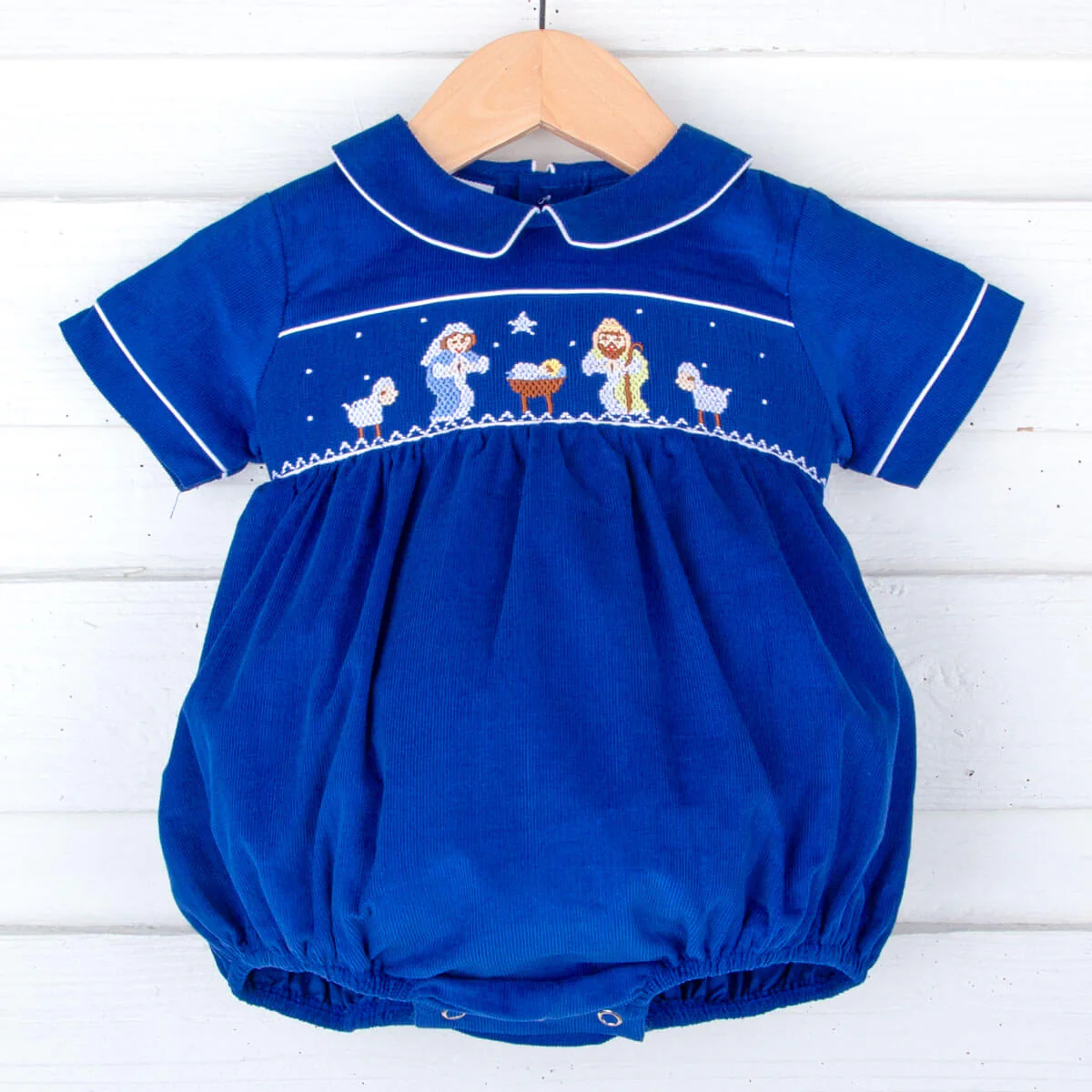 Nativity Smocked Royal Blue Corduroy Collared Bubble - Image 2