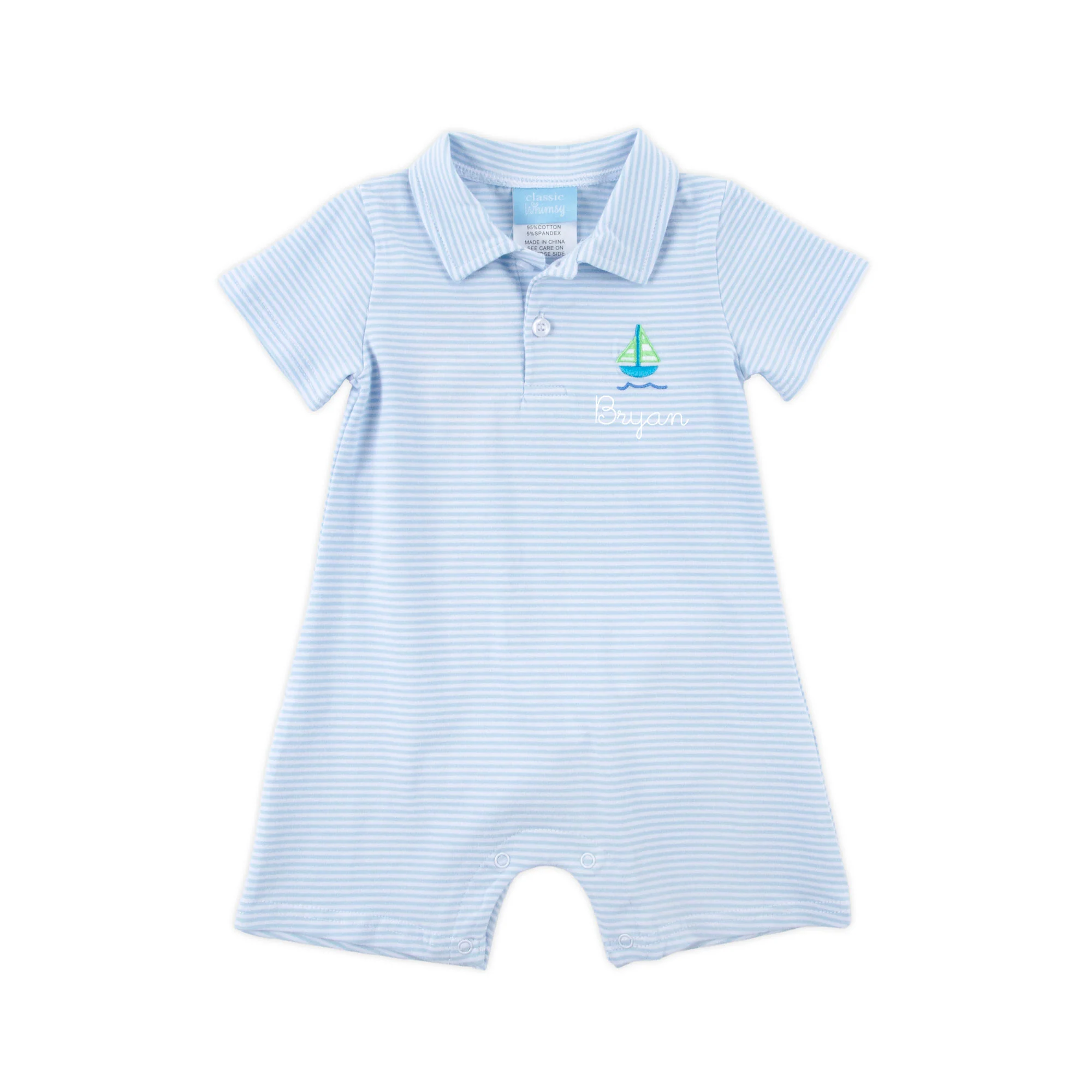 Nautical Adventure Light Blue Stripe Polo Romper - Image 2