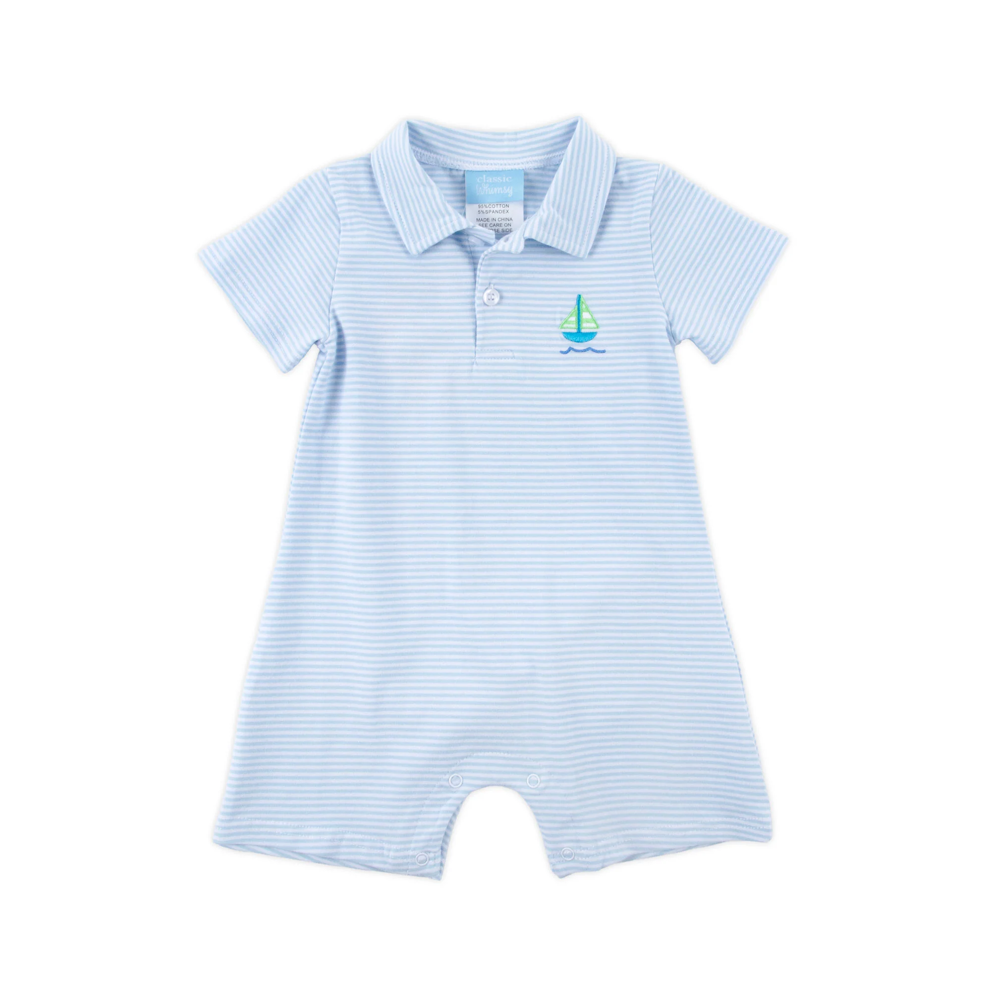 Nautical Adventure Light Blue Stripe Polo Romper - Image 3