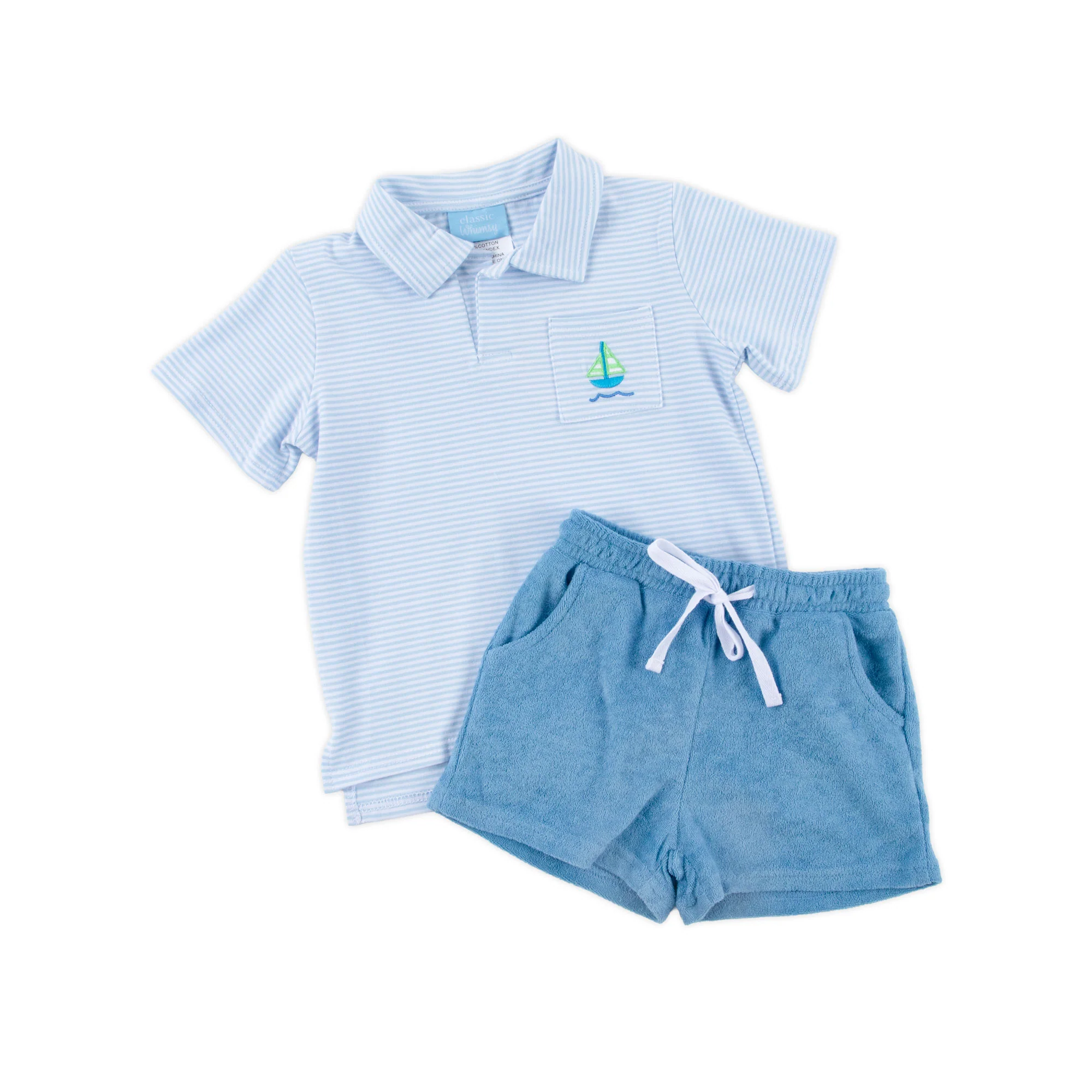 Nautical Adventure Light Blue Stripe Terry Polo Short Set - Image 2