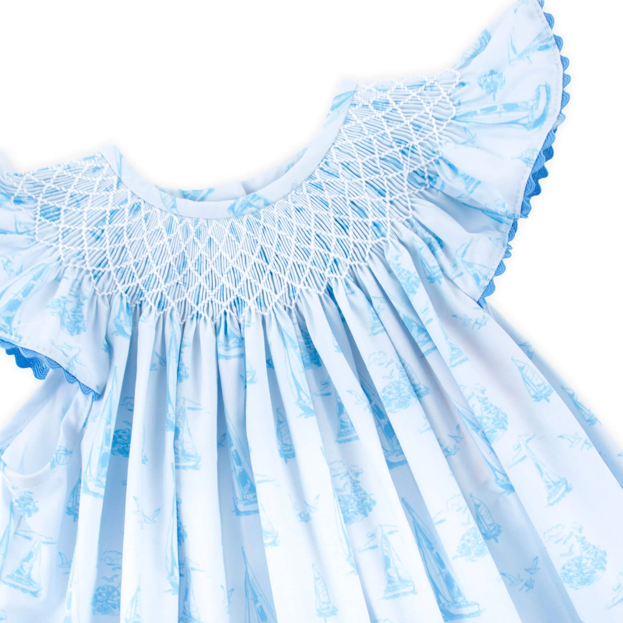 Nautical Blue Sailboat Smocked Angel Sleeve Bloomer Set - Image 2