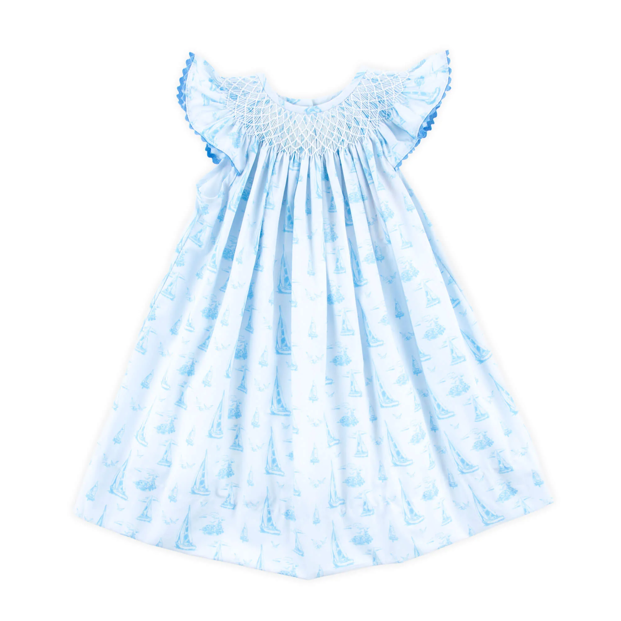 Nautical Blue Sailboat Smocked Angel Sleeve Dress - Image 2