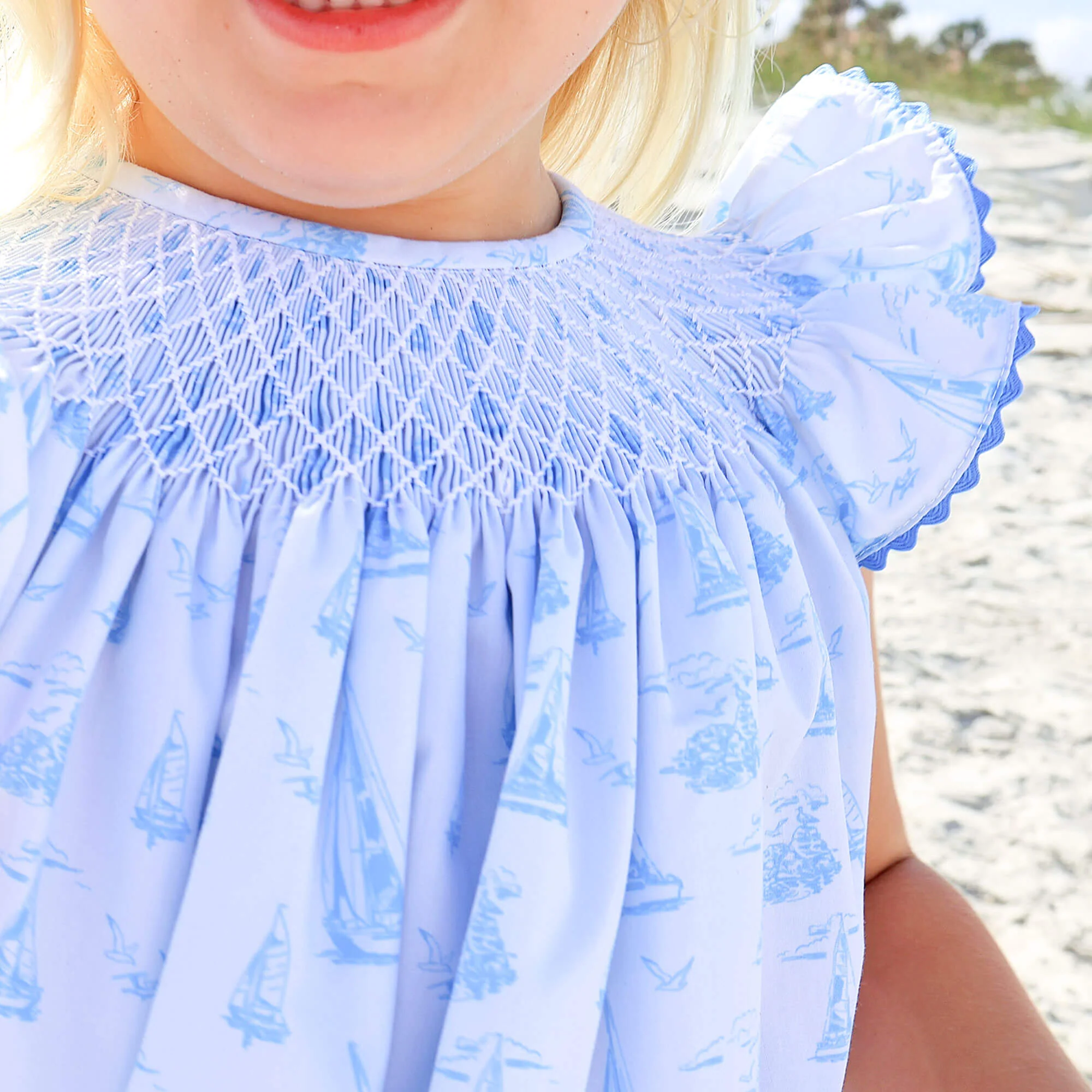 Nautical Blue Sailboat Smocked Angel Sleeve Dress - Image 3