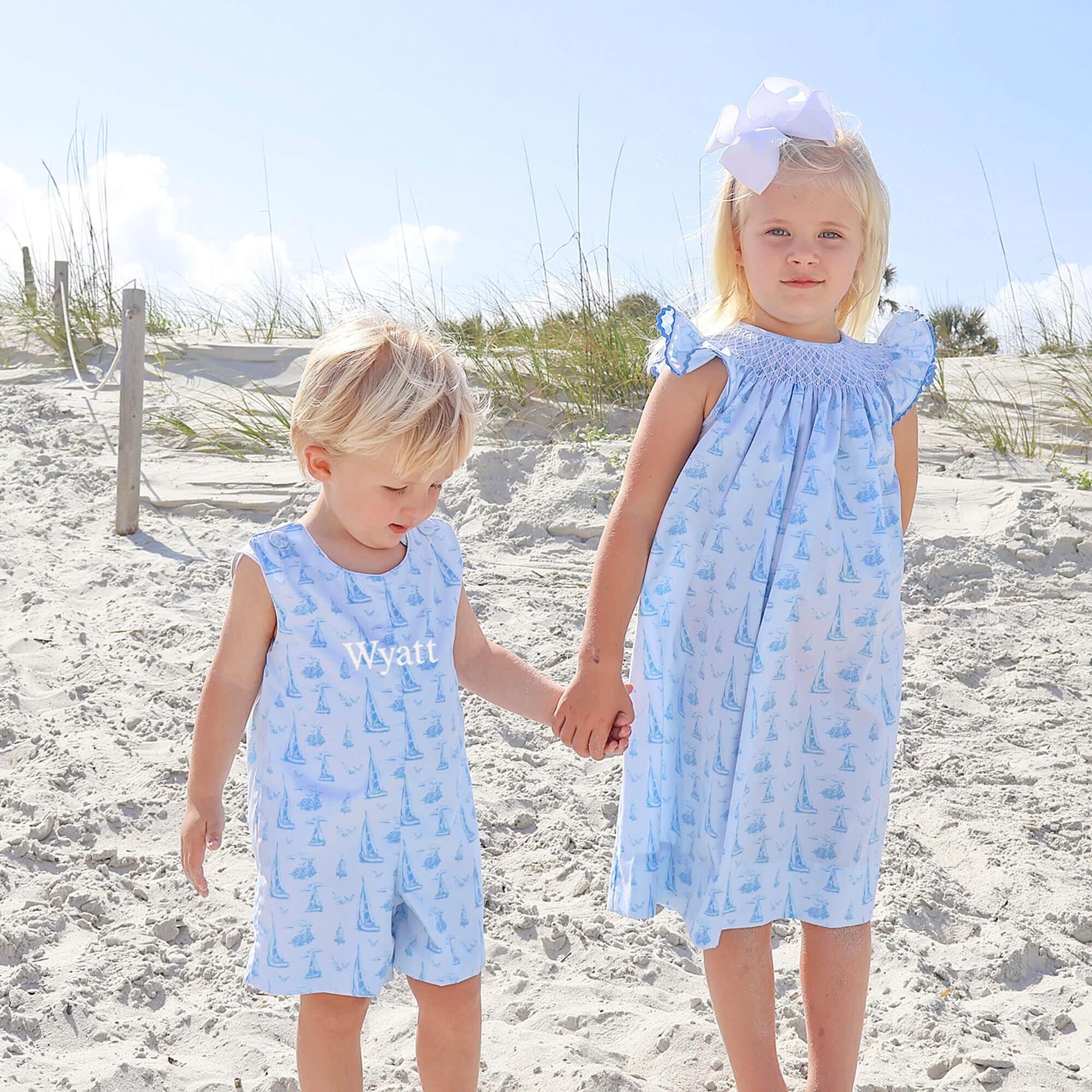 Nautical Blue Sailboat Smocked Angel Sleeve Dress - Image 5