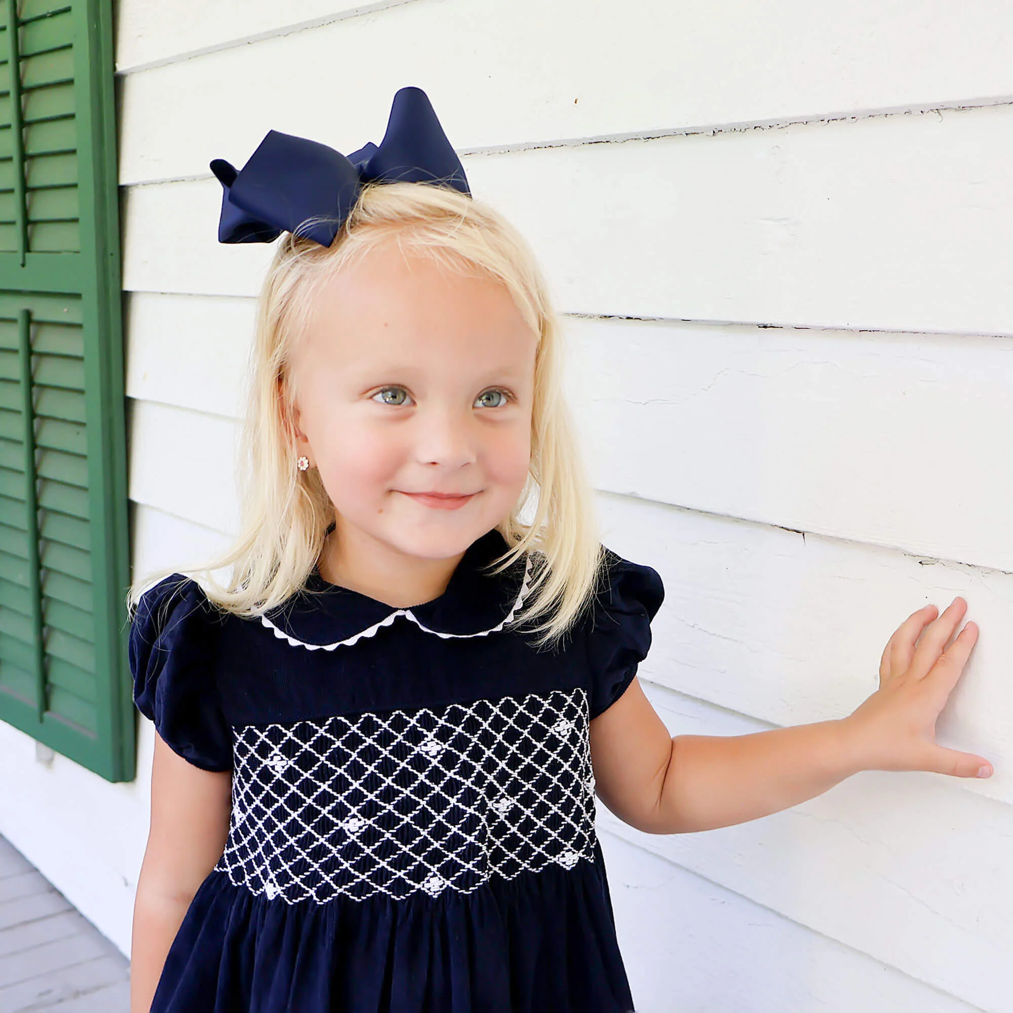 Navy Corduroy Smocked Collared Dress - Image 3