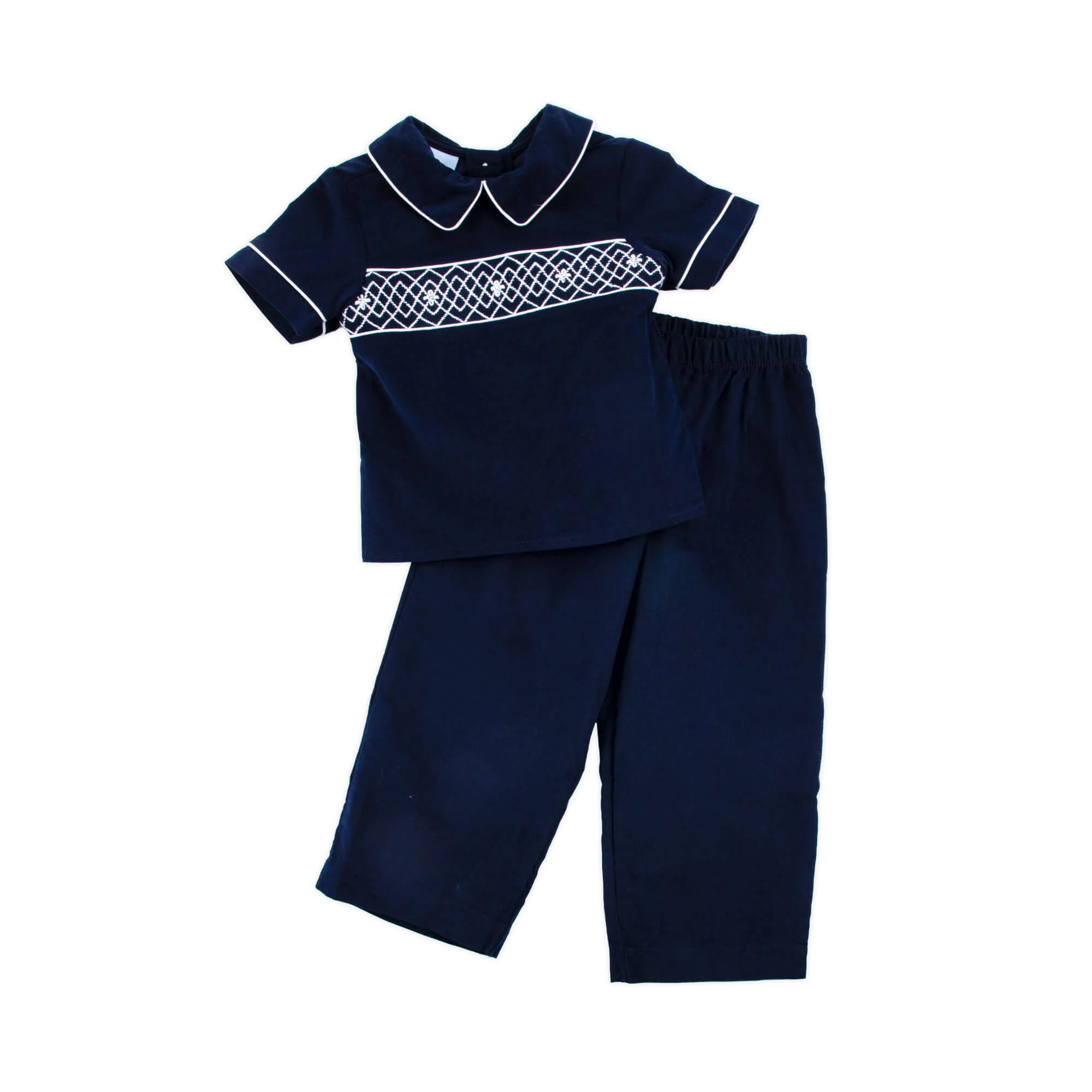 Navy Corduroy Smocked Collared Pant Set - Image 2