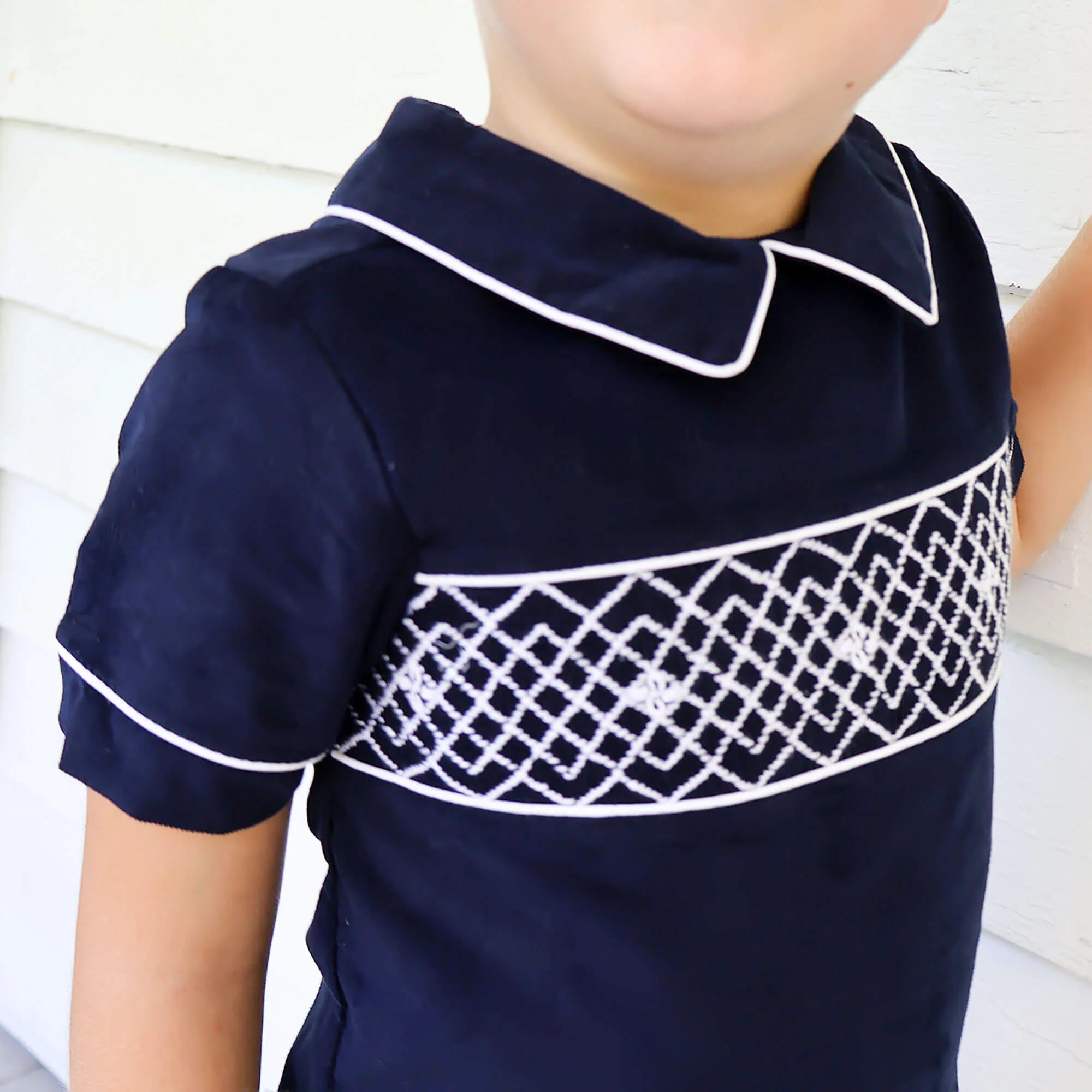Navy Corduroy Smocked Collared Pant Set - Image 3