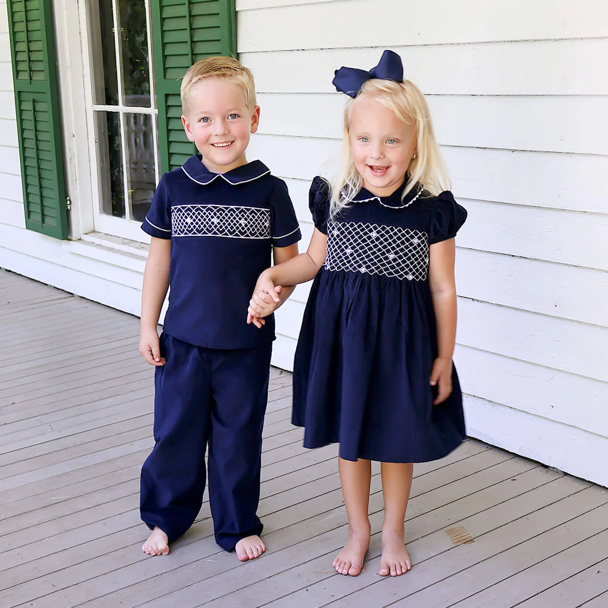 Navy Corduroy Smocked Collared Pant Set - Image 4