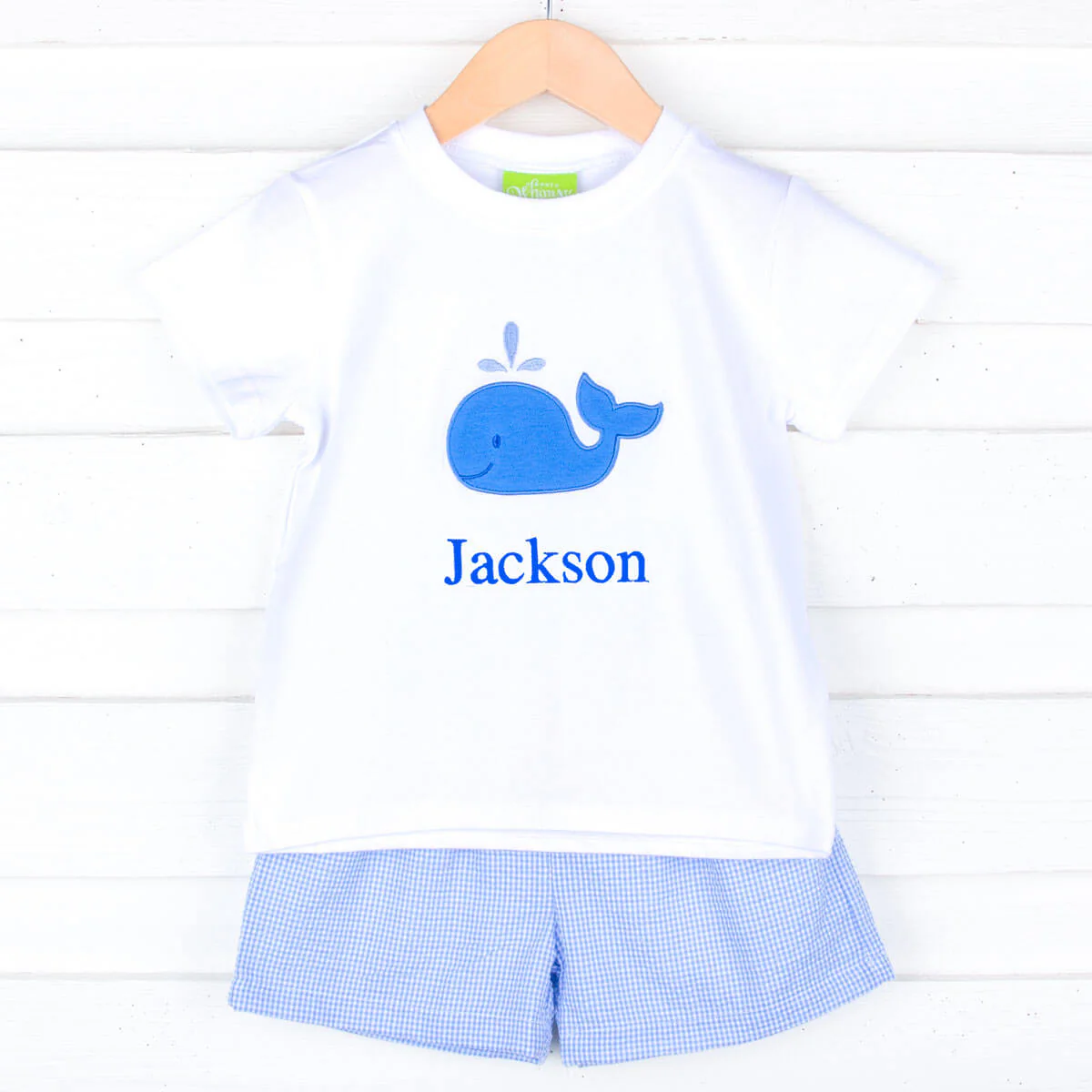 Ocean Whale Applique Blue Gingham Short Set - Image 2
