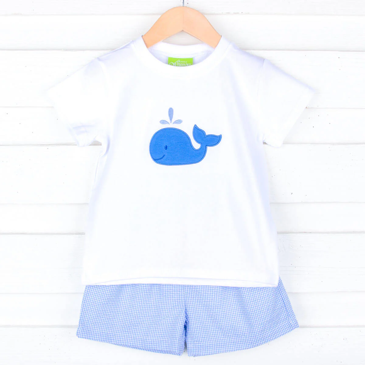 Ocean Whale Applique Blue Gingham Short Set - Image 4