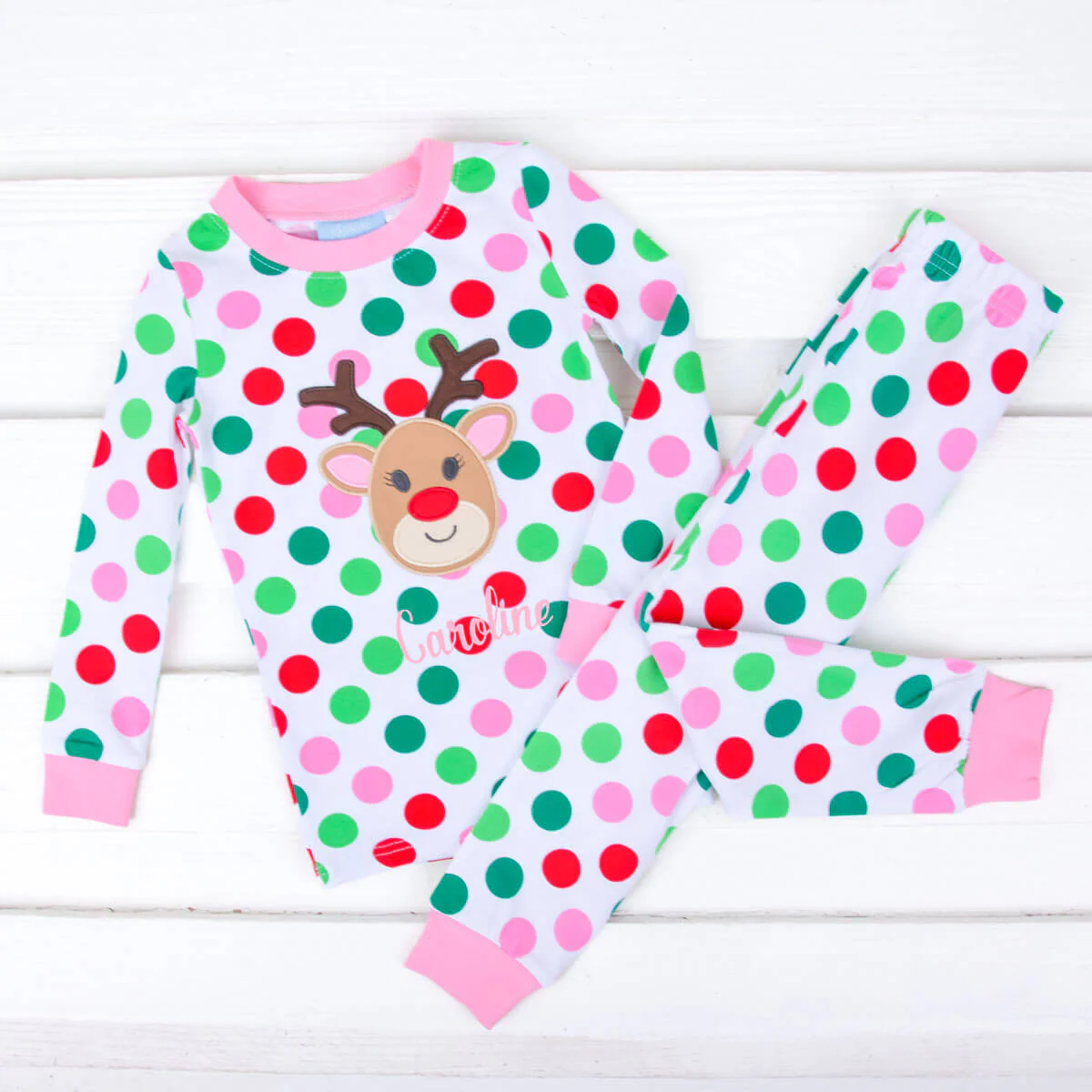 Reindeer Multi Polka Dot Pink Pajamas - Image 2