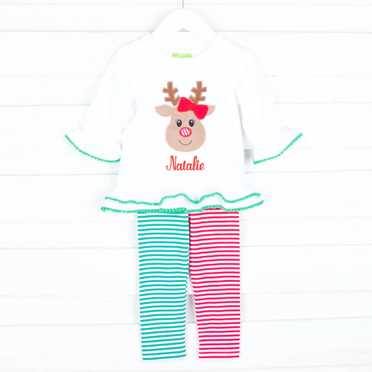 Oh Deer Milly Red and Green Stripe Legging Set - Image 2