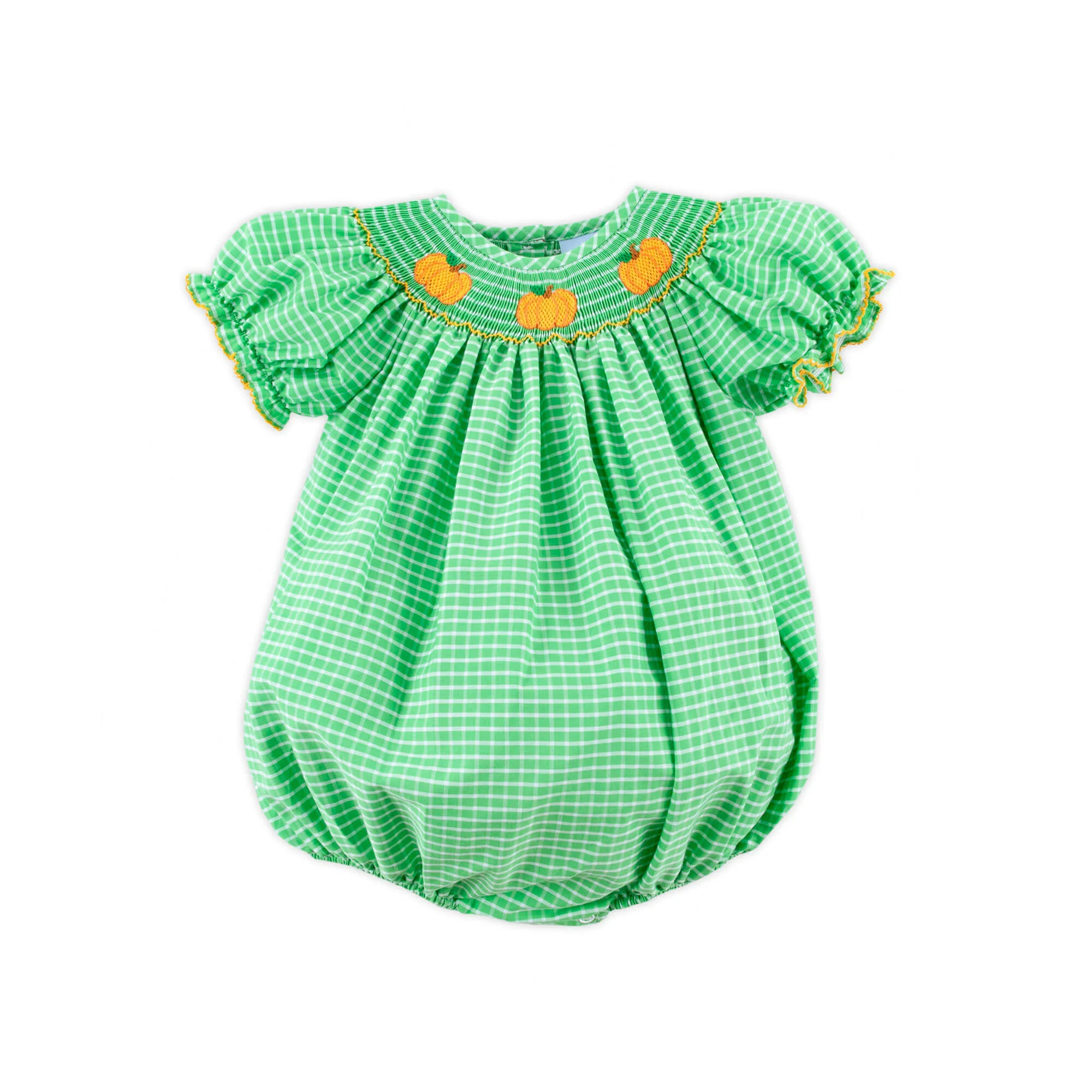 Paradise Pumpkin  Smocked Green Windowpane Bubble - Image 2