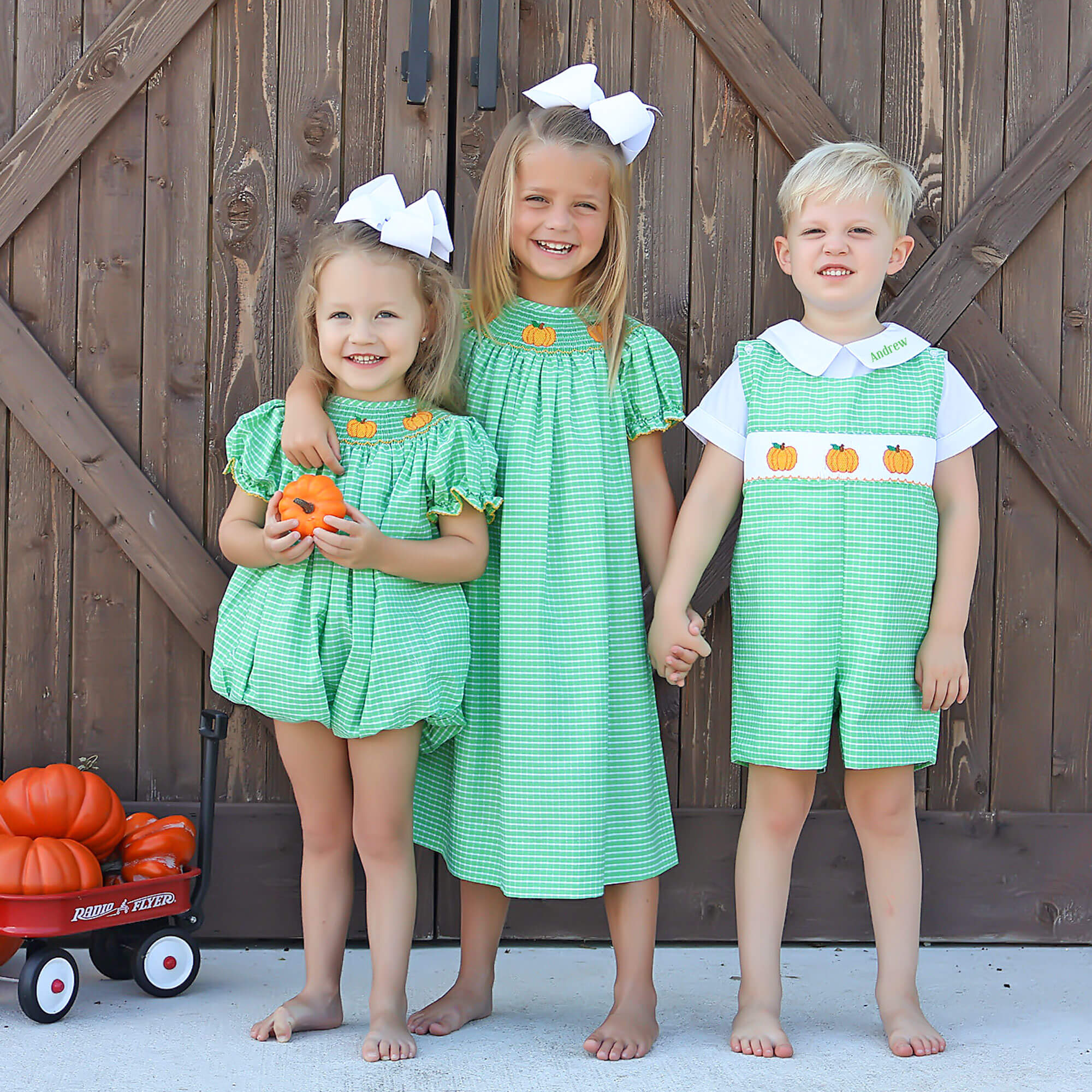 Paradise Pumpkin  Smocked Green Windowpane Bubble - Image 4